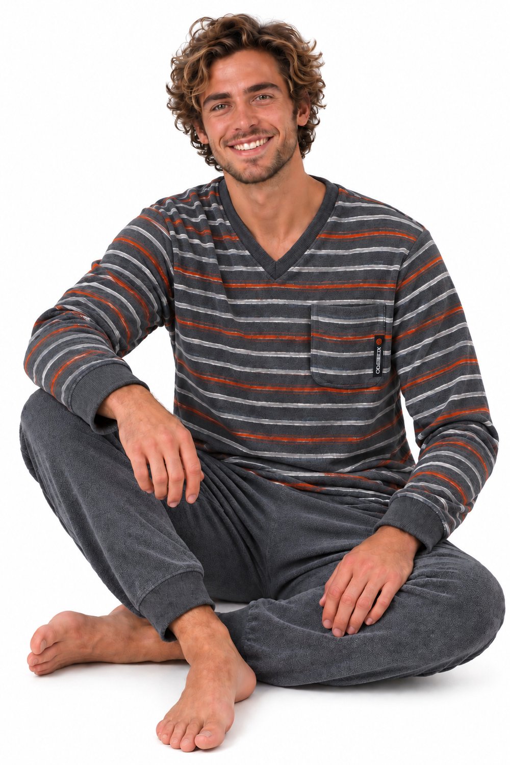 Outfitter - Badstof Heren Pyjama - Winter - Grijs Gestreept - Maat M