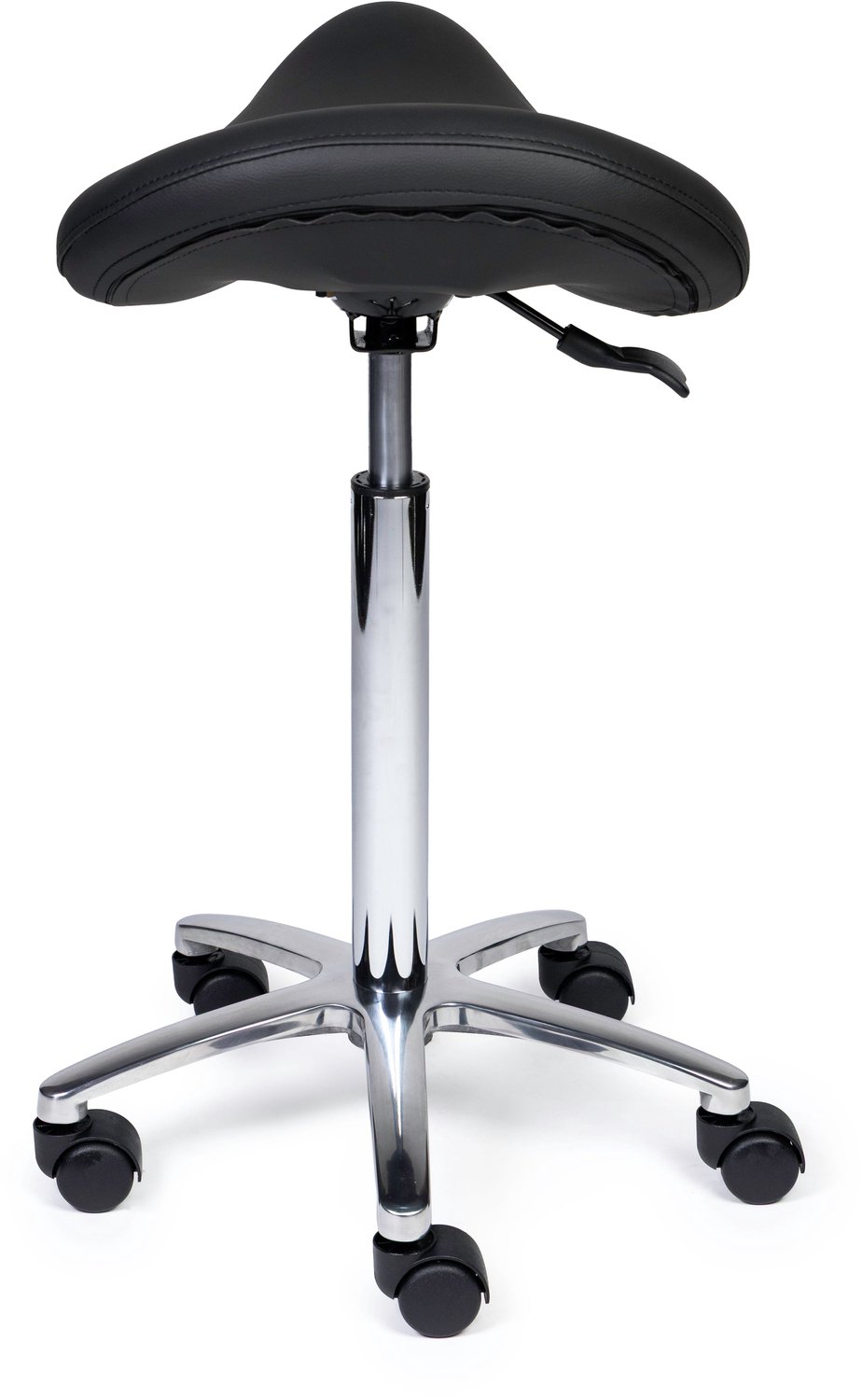 Ergonomische Zadelkruk Premium Zwart op Wielen Hoge uitvoering (70-84cm) / Zonder voetensteun / Voetdoppen