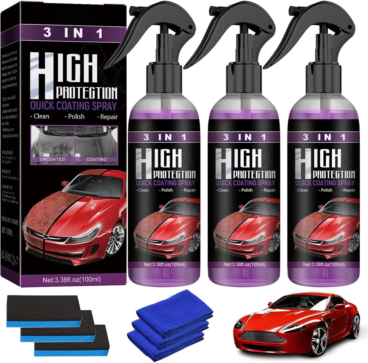 Auto autobescherming 3-delig - keramische coating - hoge bescherming - eenvoudig aan te brengen - Vemera