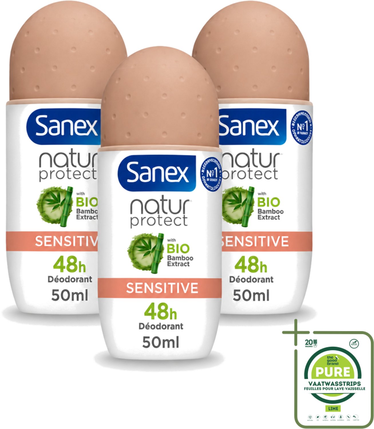 3 x Sanex – Deodorant Roll-On – Natur Protect Sensitive – 50 ml - Grootverpakking - Vaatwasstrips - Gevoelige Huid - Deodorant Roll-on - Natuurlijke Bescherming - Milde Deodorant - Frisheid