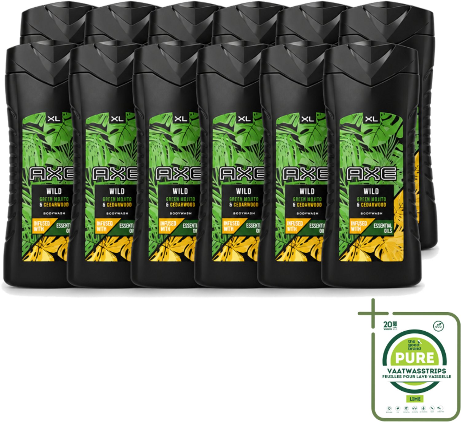 12 x AXE - Douchegel - Wild - 400 ml - Grootverpakking - Vaatwasstrips - Douchegel - Frisheid - Mojito - Cederhout - Axe