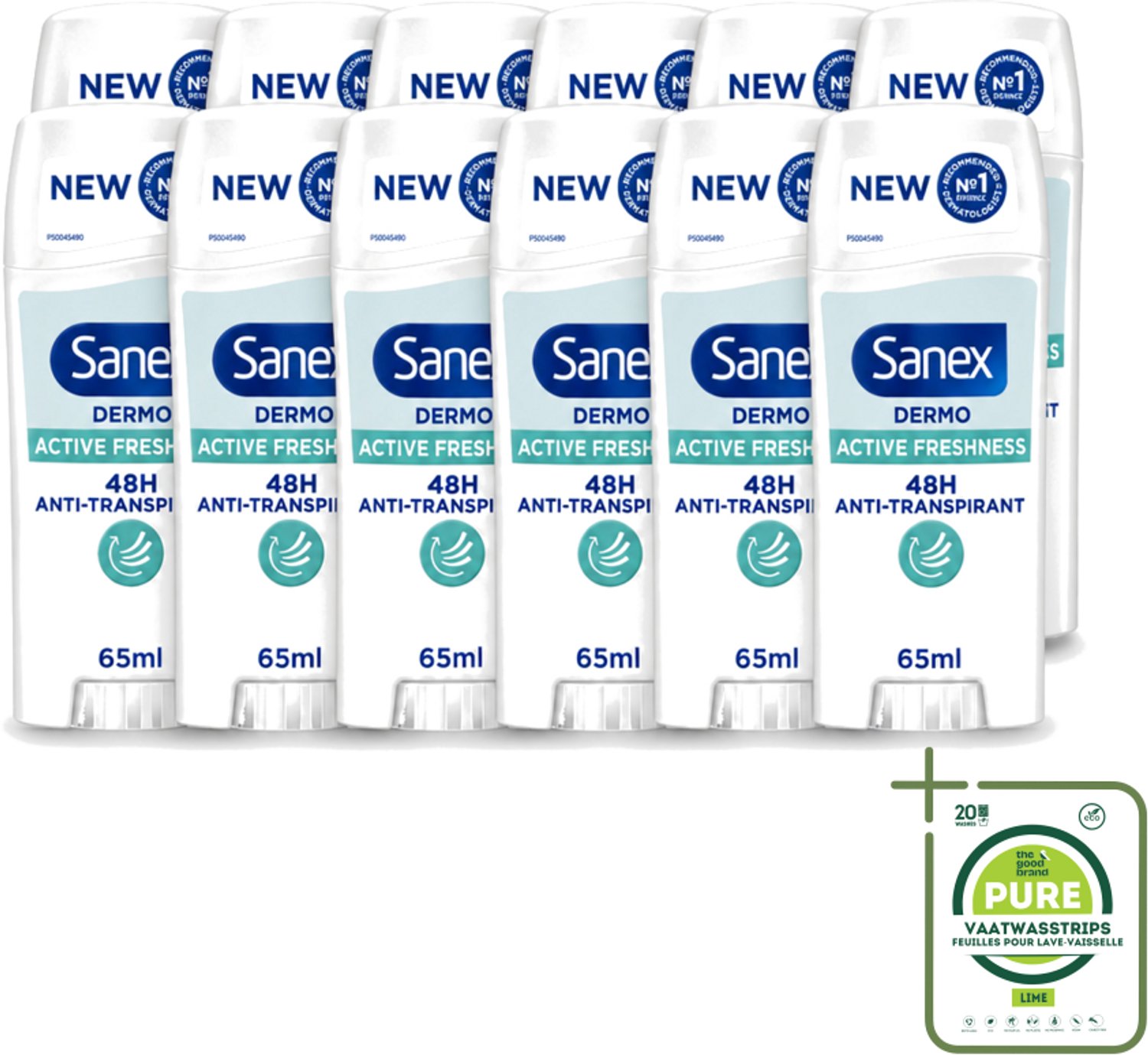 12 x Sanex – Deodorant Stick – Dermo Active Freshness – 65 ml - Grootverpakking - Vaatwasstrips - Deodorantstick - Frisheid - Huidbescherming - Zachte Textuur - Langdurige Frisheid