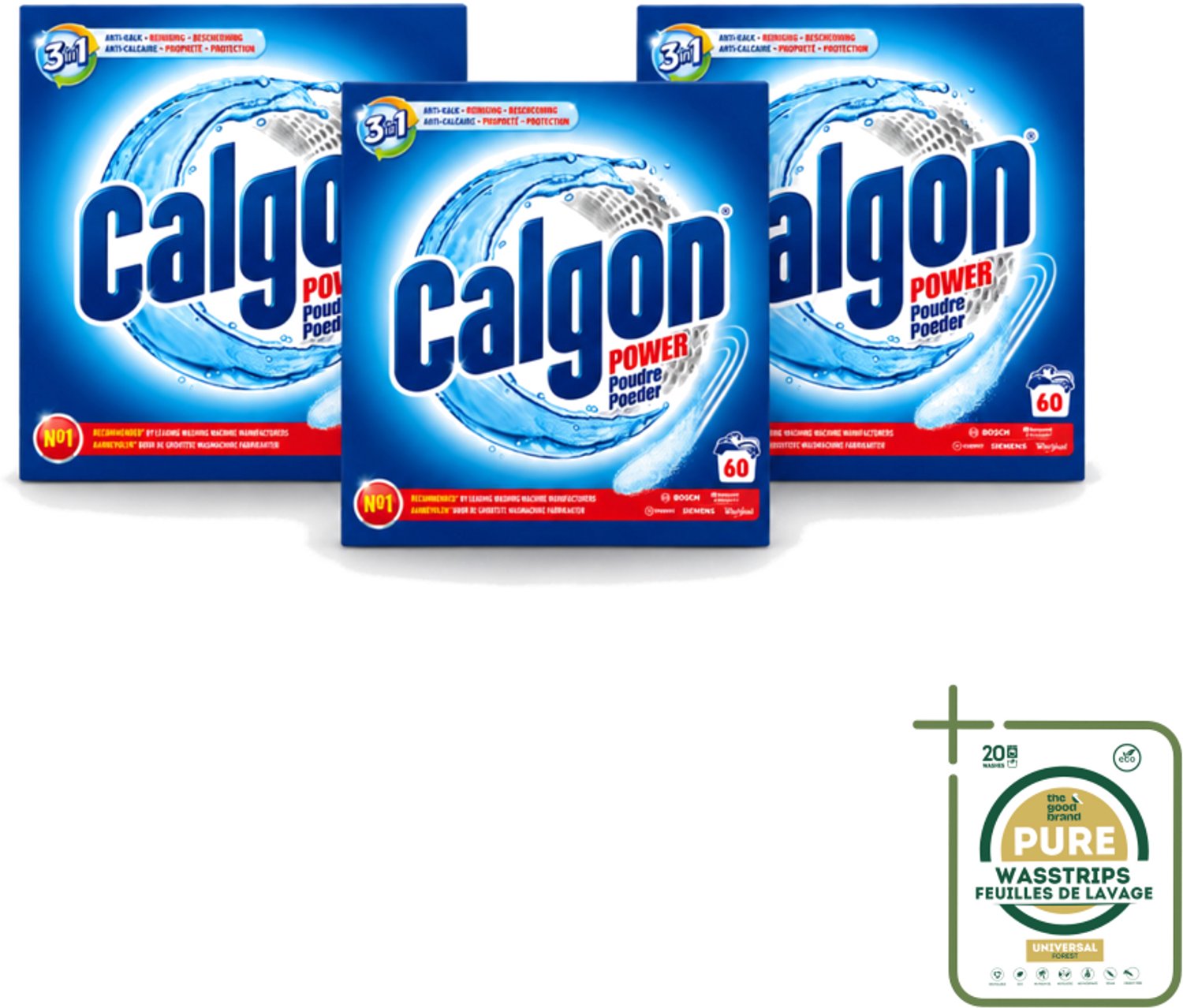 3 x Calgon – Wasmachinereiniger Poeder – 3-in-1 Power Anti-Kalk – 60 doseringen - Wasstrips - Wasmachine Reiniger - Anti-kalk Poeder - Kalkpreventie - Machine Geur Verwijderen - 3-in-1 Wasmachine Bescherming