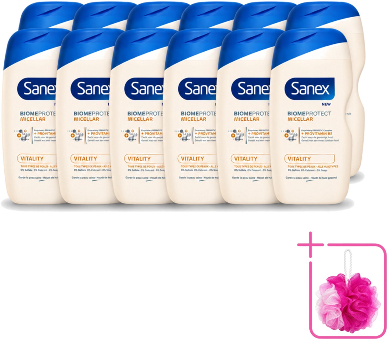 12 x Sanex - BiomeProtect Micellair - Douchegel - Vitaliteit - 0% Sulfaat - Alle Huidtypes - 400 ml - Bulkverpakking - Huid reinigen - Douchemop - Micellaire douchegel