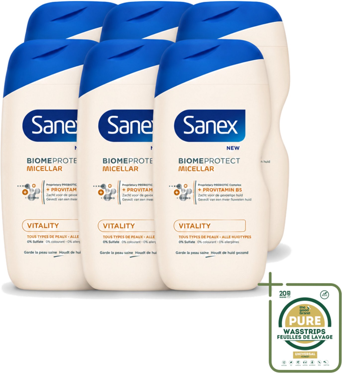 6 x Sanex - BiomeProtect Micellair - Douchegel - Vitaliteit - 0% Sulfaat - Alle Huidtypes - 400 ml - Wasstrips - Huid Reinigen - Micellaire Douchegel - 0% Sulfaten - Huidbarrière - Huid Vitaliteit