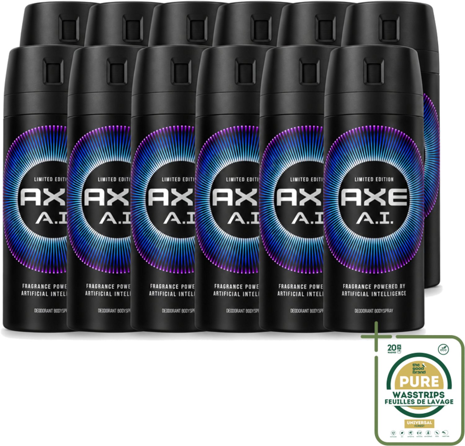 12 x Axe - Limited Edition - Deodorant Bodyspray - A.I. - 150 ml - Wasstrips - Axe A.I. Bodyspray - Deodorant Bodyspray - Geur - Geurbestrijding - Bergamot