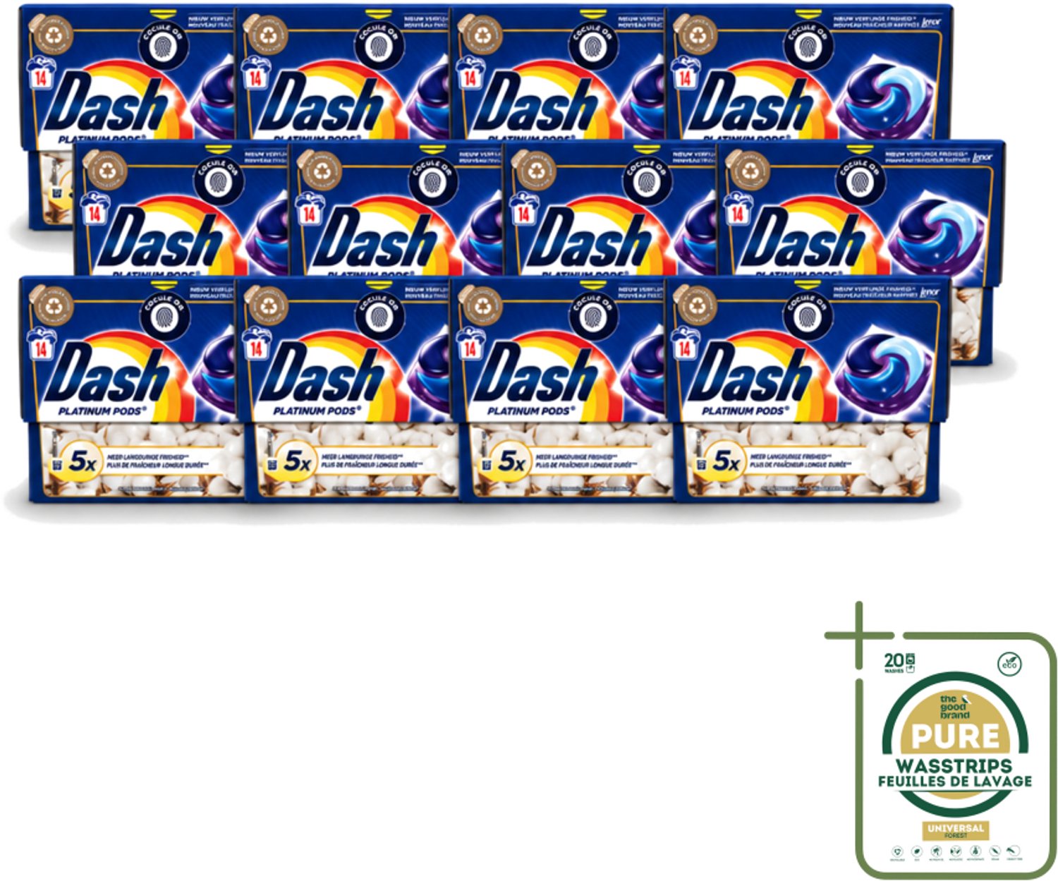 12 x Dash Platinum - Wasmiddel Capsules - Witte en Gekleurde Was - Frisheid van Katoen - 14 Wasbeurten - Wasstrips - Wasmiddel - Wascapsules - Wasbeurten - Vlekverwijdering - Katoenfrisheid