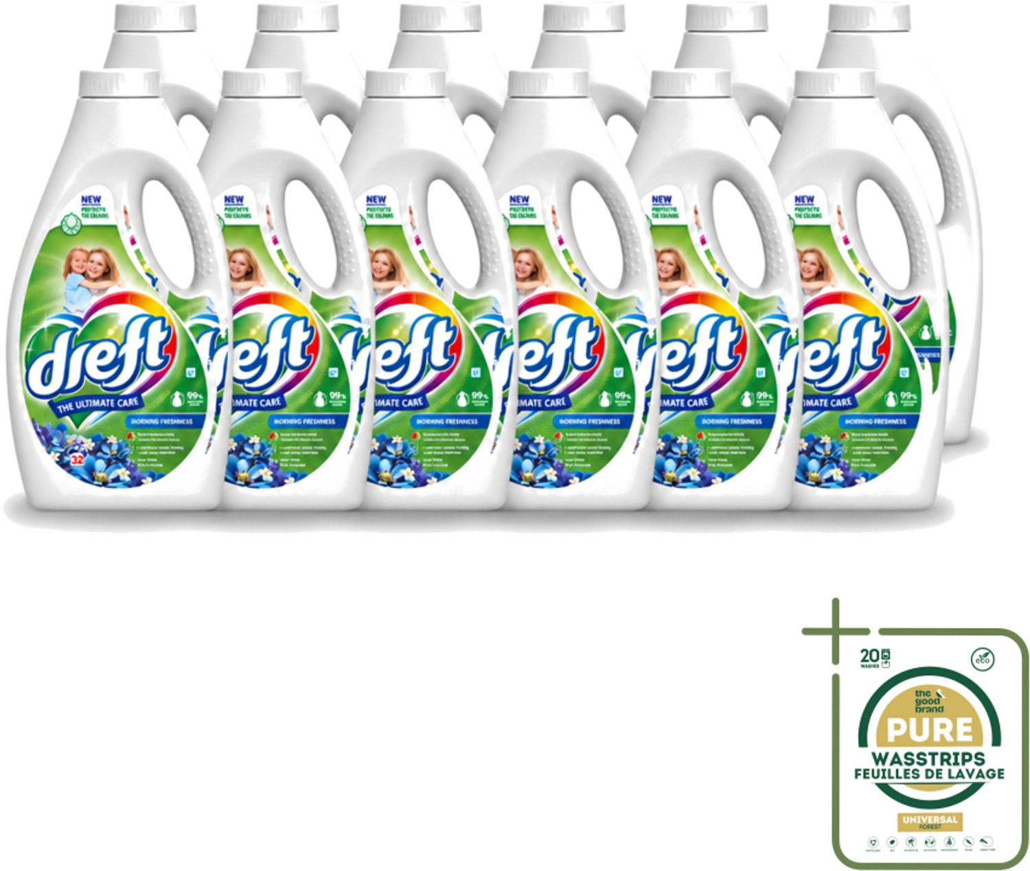 12 x Dreft - Ultimate Care - Vloeibaar Wasmiddel - Gekleurde Was - Ochtendfris - 32 Wasbeurten - Wasstrips - Gekleurde Was - Ochtendfris - Wasmiddel - Wasbeurt - Kleurbescherming