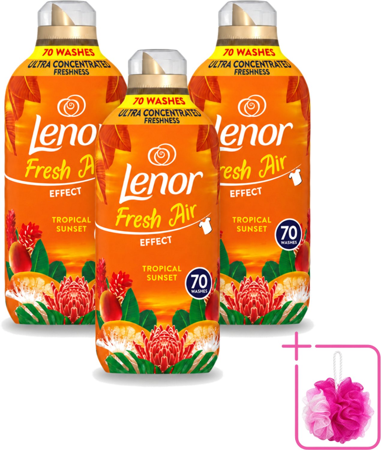 3 x Lenor – Wasverzachter – Tropical Sunset – 70 Wasbeurten – 980 ml - Bulkverpakking - Wasverzachter - Douchemop - Frisse geur