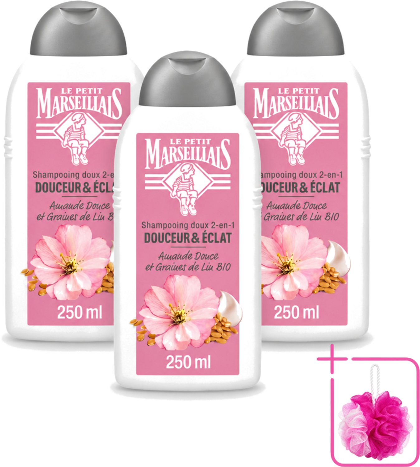 3 x Le Petit Marseillais – Shampoo – Amande Douce & Graines de Lin Bio – 250 ml - Bulkverpakking - Shampoo Amande Douce - Douchemop - Shampoo Linzaad