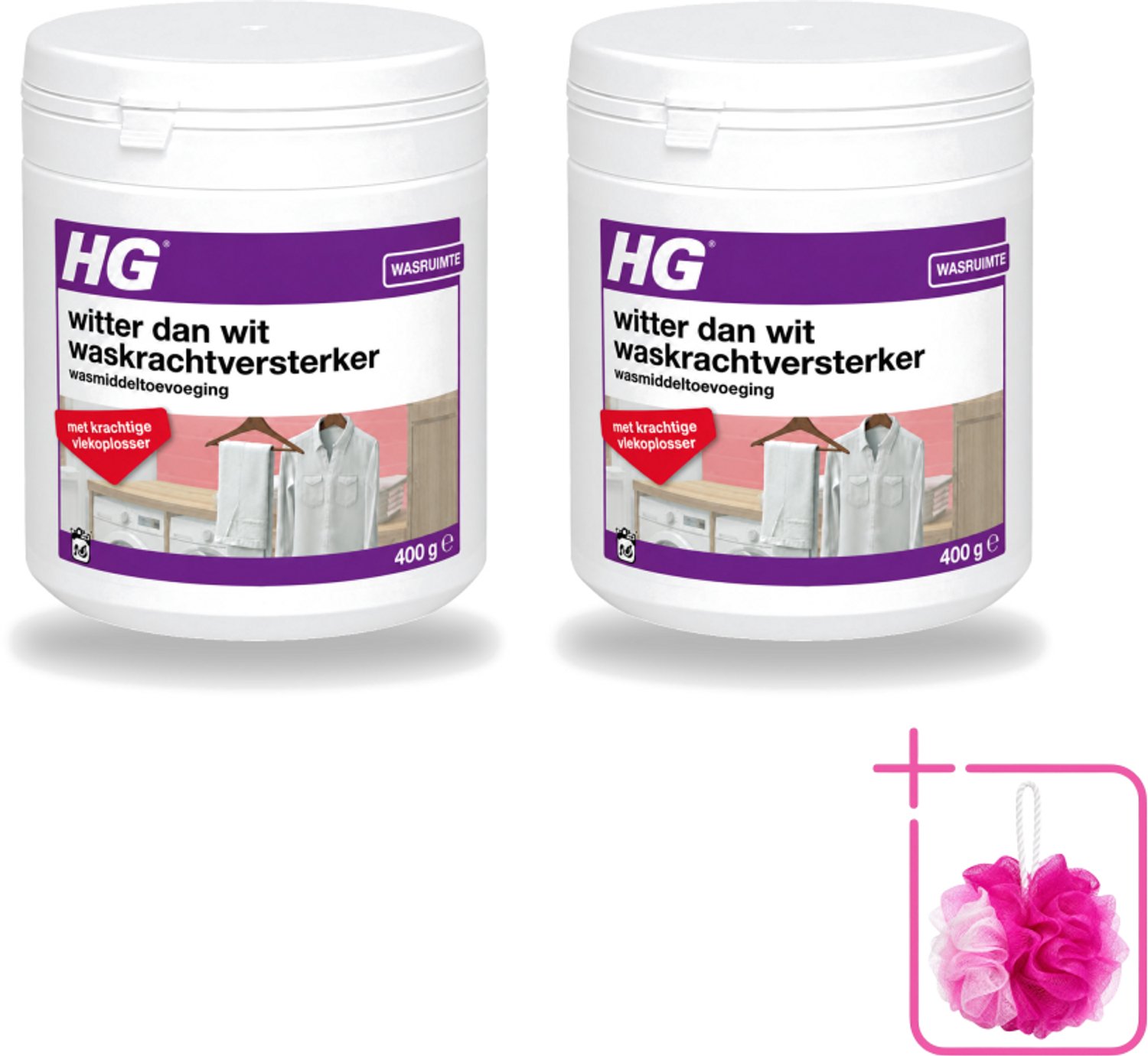 2 x HG - Wasruimte - Witter Dan Wit - Wasmiddeltoevoeging - 400 g - Bulkverpakking - Wit textiel - Douchemop - Wasmiddel