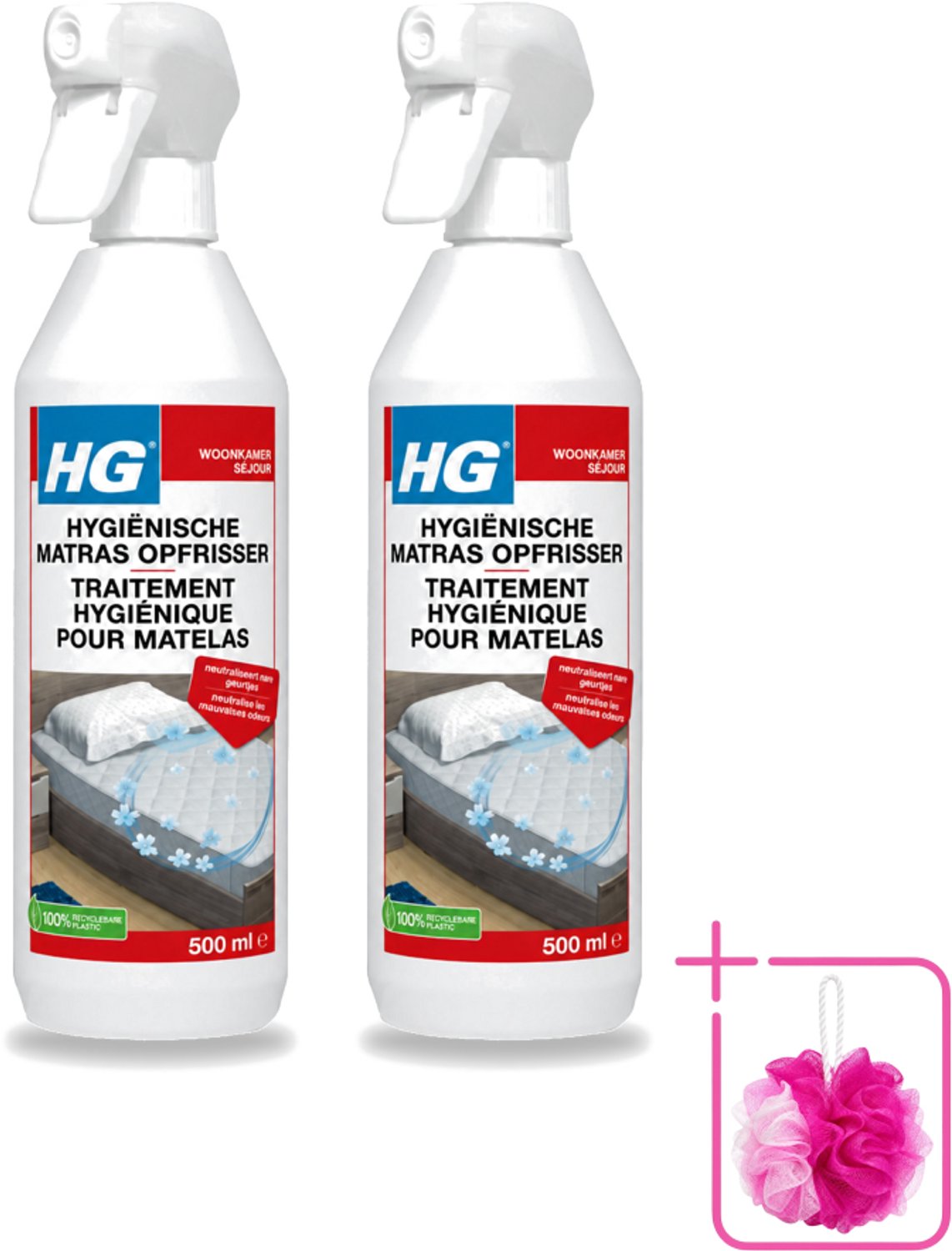 2 x HG - Hygiënische Matras Opfrisser - Werkt Na 30 Minuten - Neutraliseert Nare Geurtjes - 500 ml - Bulkverpakking - Matrasopfrisser - Douchemop - Hygiëne