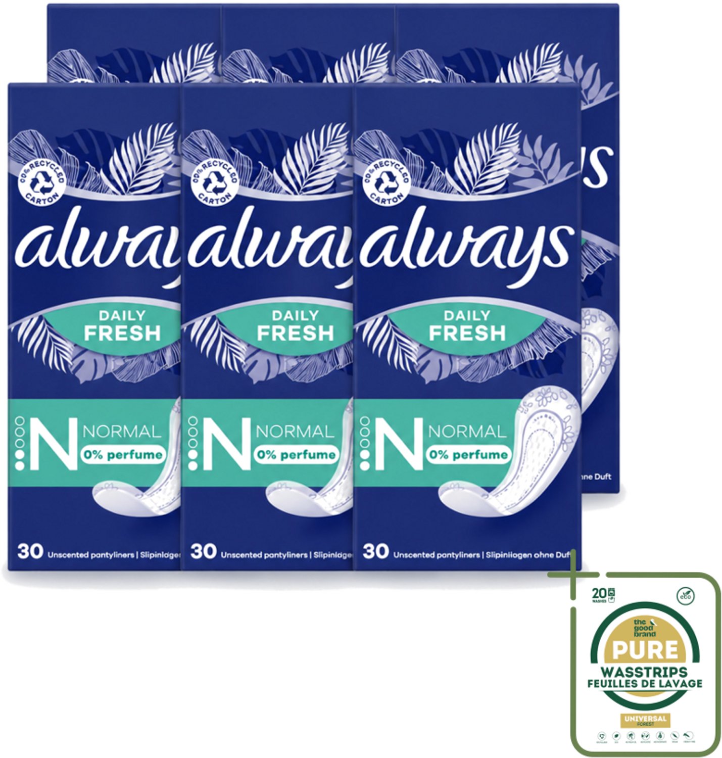 6 x Always Daily Fresh - Inlegkruisjes - Normaal - Ongeparfumeerd - 30 Inlegkruisjes - Inlegkruisjes - Geurneutralisatie - Actipearls - Dermatologisch Getest - Droog Gevoel