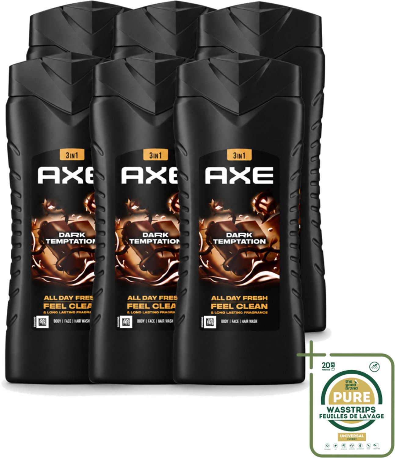 6 x Axe XL - 3-in-1 Douchegel - Dark Temptation - Dark Chocolate - 12hrs Long Lasting Scent - 400 ml - Wasstrips - Douchegel - Geur - Donkere Chocolade - Kruiden - 3-in-1