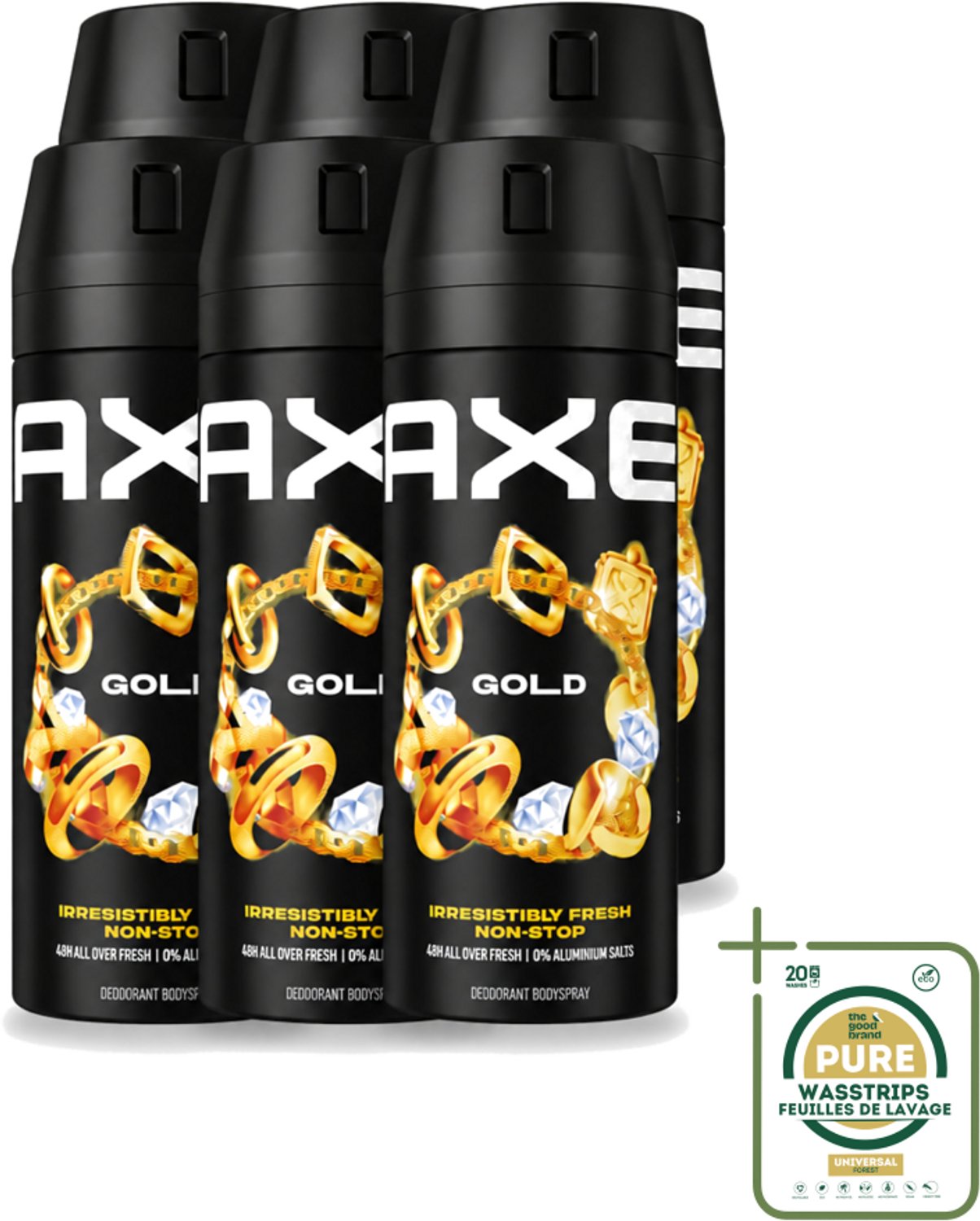 6 x Axe - Deodorant Bodyspray - 48hrs Fresh - Gold - Oud Wood & Fresh Vanilla - 150 ml - Wasstrips - 48 Uur Geurbeleid - Deodorant Bodyspray - Oud Hout Geur - Donker Vanille - Geurbestrijdende Zinktechnologie
