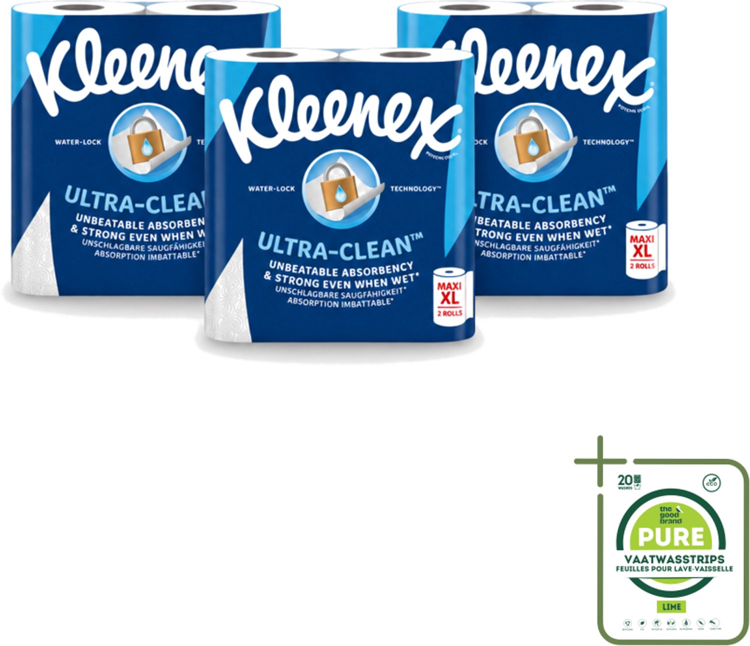 3 x Kleenex - Keukenpapier - Ultra Clean - Maxi XL - Absorberend - 2 Rollen - Grootverpakking - Vaatwasstrips - Kleenex Keukenpapier - Keukenpapier - Papier Handdoek - Absorptievermogen - Natte Omstandigheden