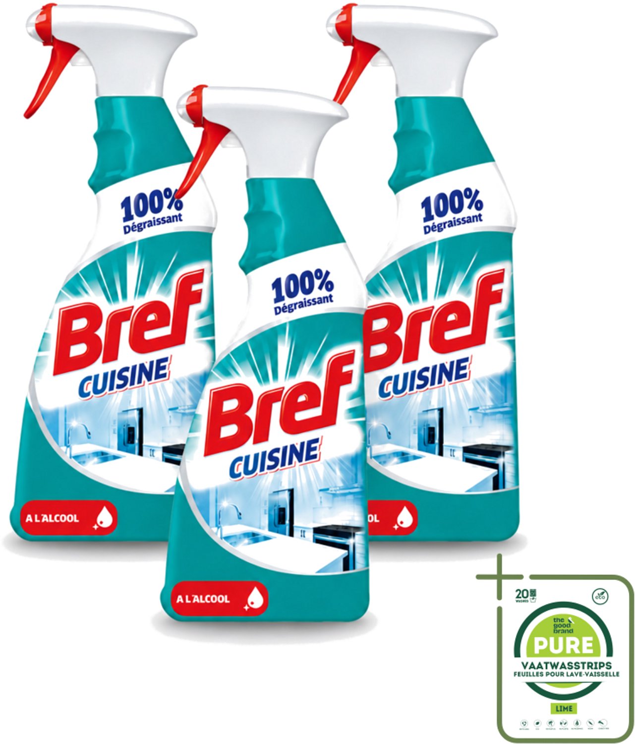 3 x Bref Keuken - Reinigingsspray - Ontvetter - Met Alcohol - 750 ml - Grootverpakking - Vaatwasstrips - Keuken Reinigen - Ontvetter - Keuken Spray - Werkblad Reinigen - Keuken Hygiëne