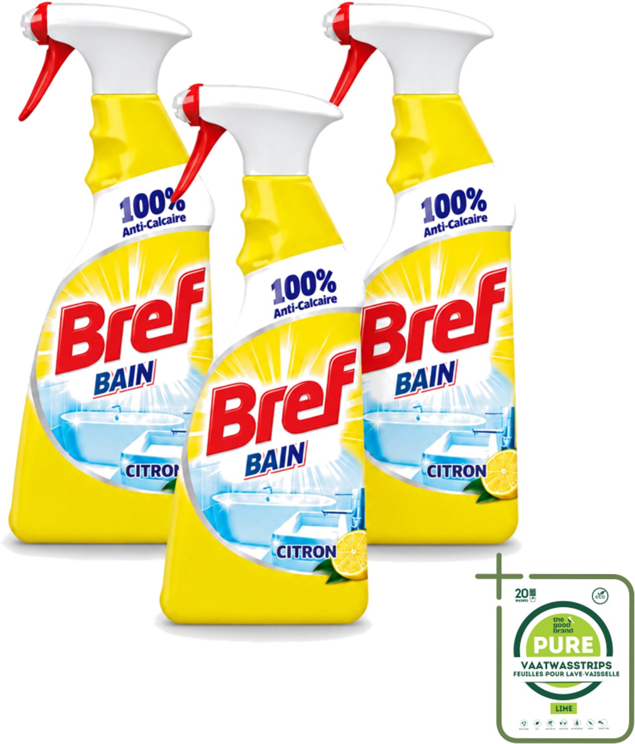 3 x Bref - Badkamerreiniger - Spray - Anti-Kalk - Citroen - 750 ml - Grootverpakking - Vaatwasstrips - Badkamer Reiniger - Kalkbestrijder - Zeep En Vuil Verwijderen - Citroenspray - Badkamer Reinigen