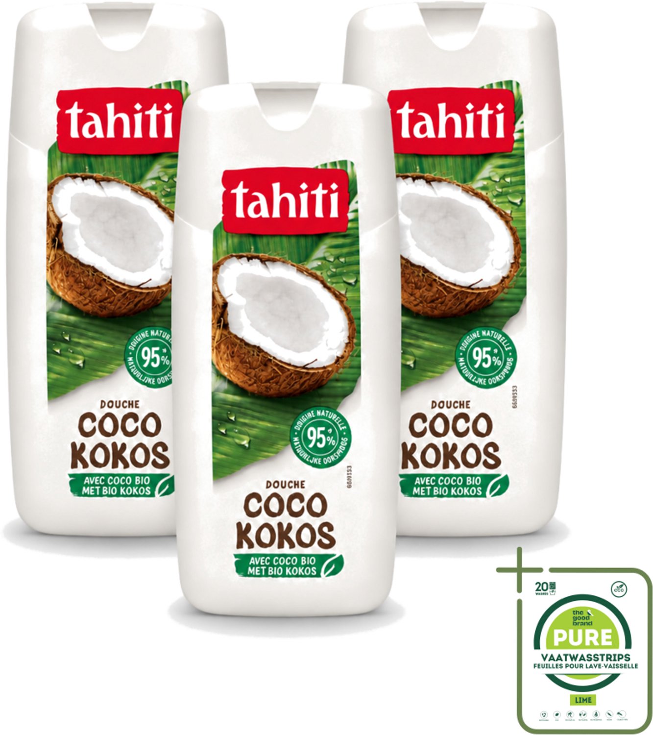 3 x Tahiti - Douchegel - Biologische Kokos - 100% Vegan - 300 ml - Grootverpakking - Vaatwasstrips - Douchegel Kokos - Biologische Kokos - Kokos Douchegel - Hydratatie Huid - Verzorging Huid