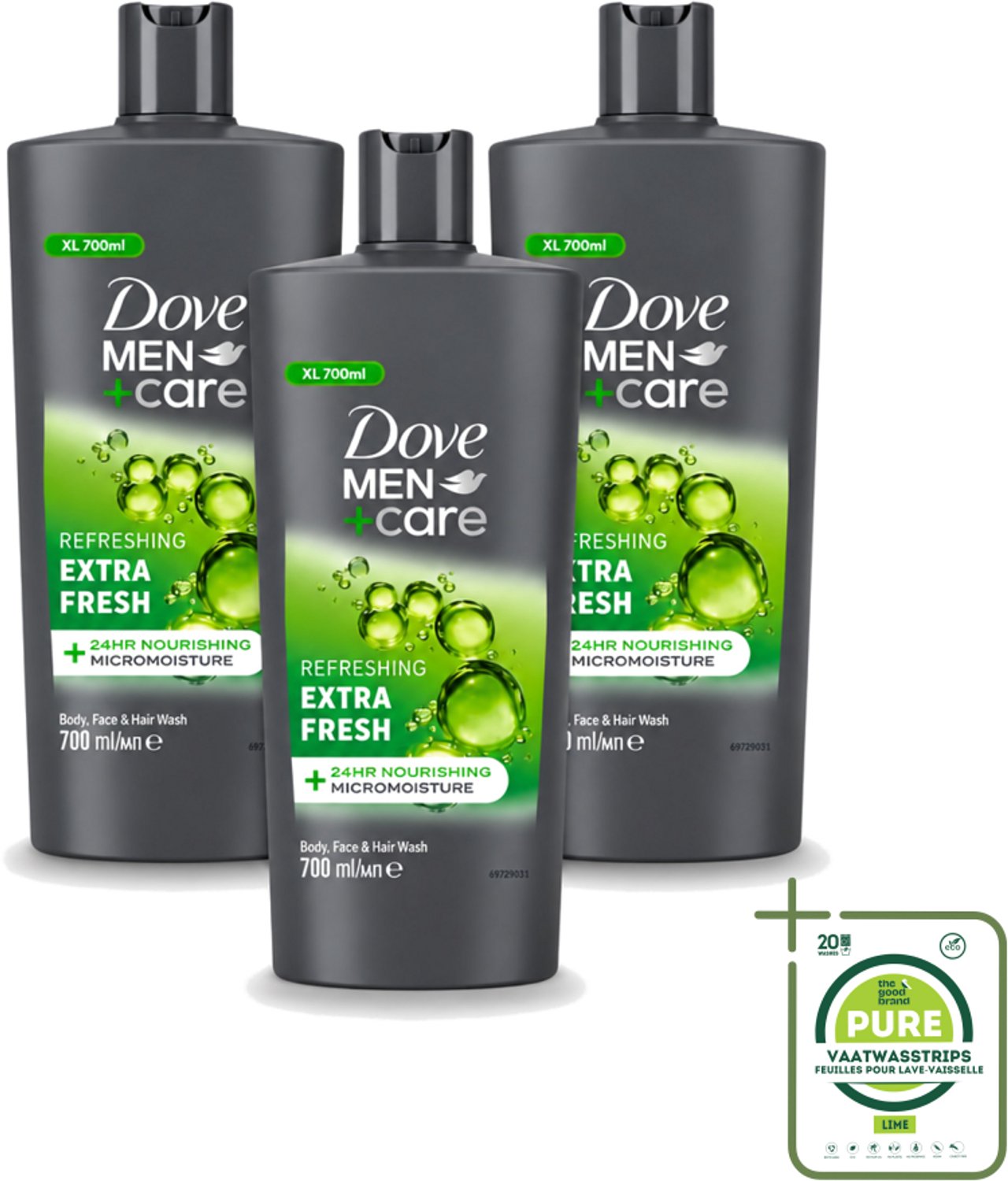 3 x Dove Men+Care - Extra Fresh - Douchegel 3-in-1 - Verzorgend - 700 ml - Grootverpakking - Vaatwasstrips - Douchegel Voor Mannen - Verfrissende Douche - Hydraterende Douche - Gezichtsproduct Voor Mannen - Haarproduct Voor Mannen