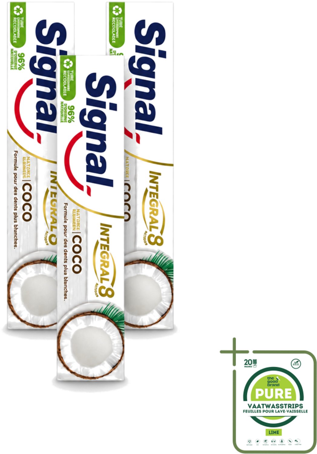 3 x Signal - Integral & Actions - Tandpasta - Natuurlijke Elementen - Kokos - Voor Witte Tanden - 75 ml - Grootverpakking - Vaatwasstrips - Tandpasta - Natuurlijke Tandpasta - Kokos Tandpasta - Witte Tanden - Tandbescherming