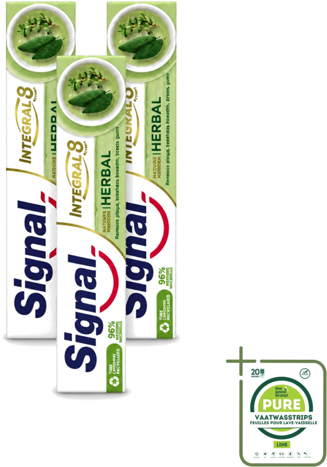 3 x Signal - Integral & Actions - Tandpasta - Natuurlijke Kruiden - Gerecyclede Verpakking - 75 ml - Grootverpakking - Vaatwasstrips - Tandpasta - Natuurlijke Kruiden - Fluoride - Tandbederf - Tandplak