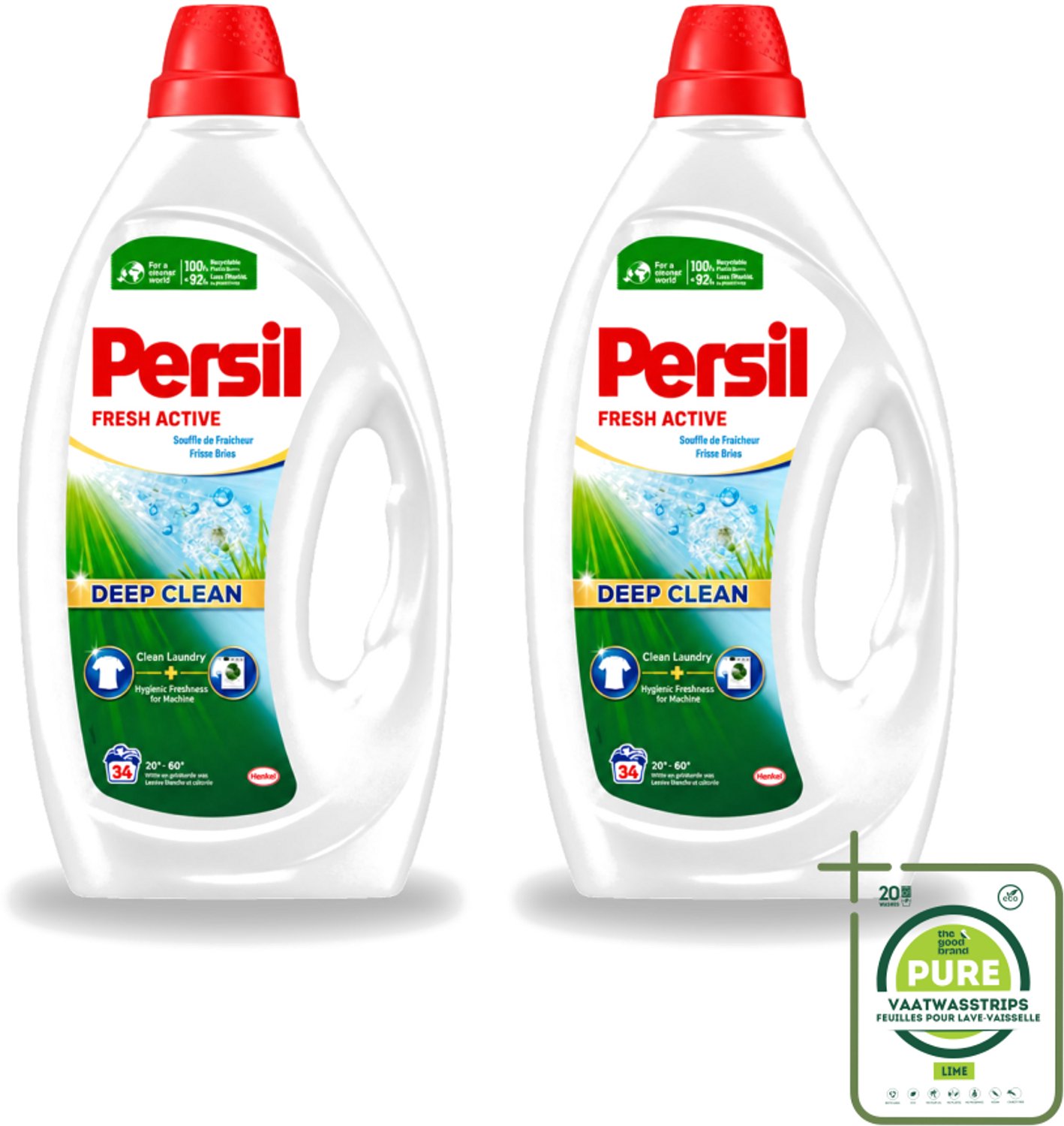 2 x Persil Fresh Active - Vloeibaar Wasmiddel - Witte en Gekleurde Was - Frisse Bries - 34 Wasbeurten - Grootverpakking - Vaatwasstrips - Wasmiddel - Frisse Bries - Diepe Reiniging - Wasmachine Reinigen - Vuilresten Verwijderen