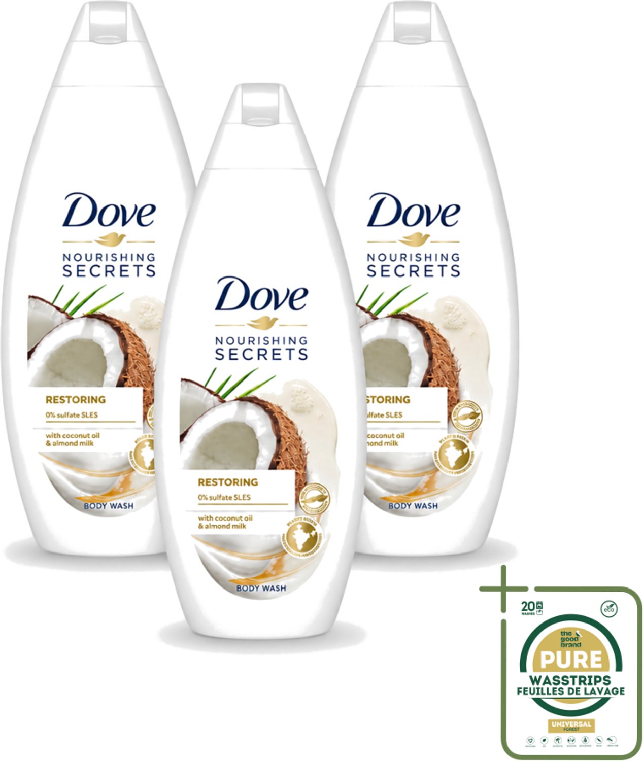 3 x Dove Nourishing Secrets - Douchegel - Kokosolie & Amandel melk - Sulfaatvrij - 250 ml - Wasstrips - Douchegel - Kokosolie - Amandelmelk - Natuurlijke Verzorging - Sulfaatvrije Douchegel