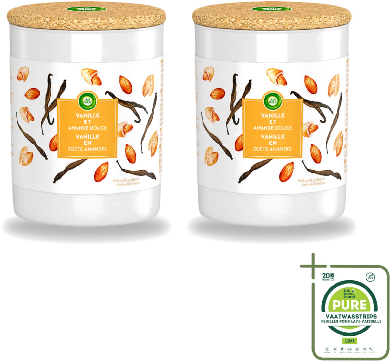 Air Wick 2 x Air Wick - Geurkaars - Vanille & Zoete Amandel - 35 Uur Brandduur - Grootverpakking - Vaatwasstrips - Geurkaars - Vanille - Amandel - Warme Geur - Sfeer Oranje