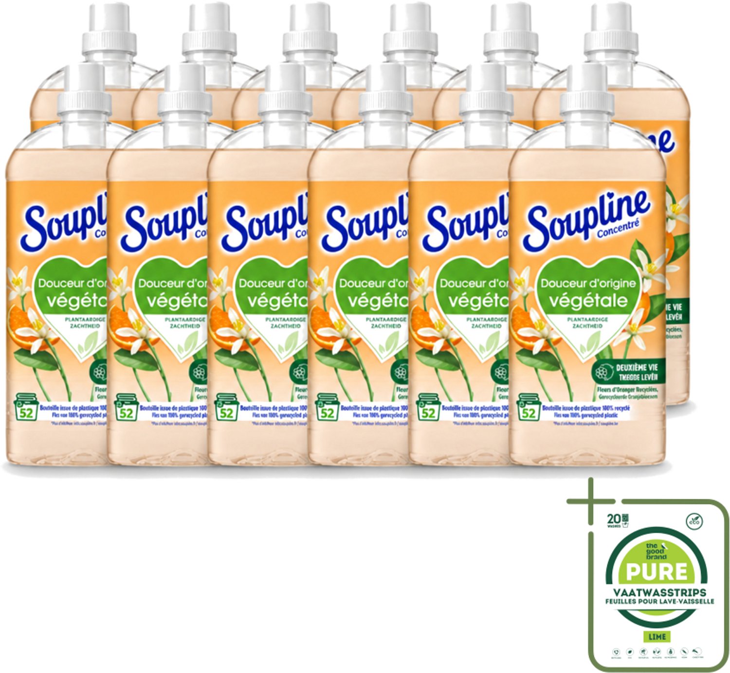 12 x Soupline - Wasverzachter - Oranjebloesem - 52 Wasbeurten - 1.3L - Grootverpakking - Vaatwasstrips - Wasverzachter - Plantaardige Zachtheid - Oranje Bloesem - Zachte Was - Natuurlijke Zachtheid