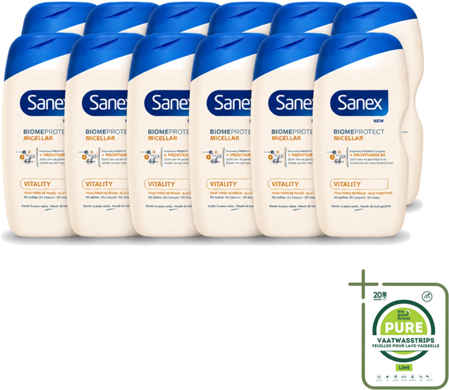 12 x Sanex - BiomeProtect Micellair - Douchegel - Vitaliteit - 0% Sulfaat - Alle Huidtypes - 400 ml - Grootverpakking - Vaatwasstrips - Huid Reinigen - Micellaire Douchegel - 0% Sulfaten - Huidbarrière - Huid Vitaliteit