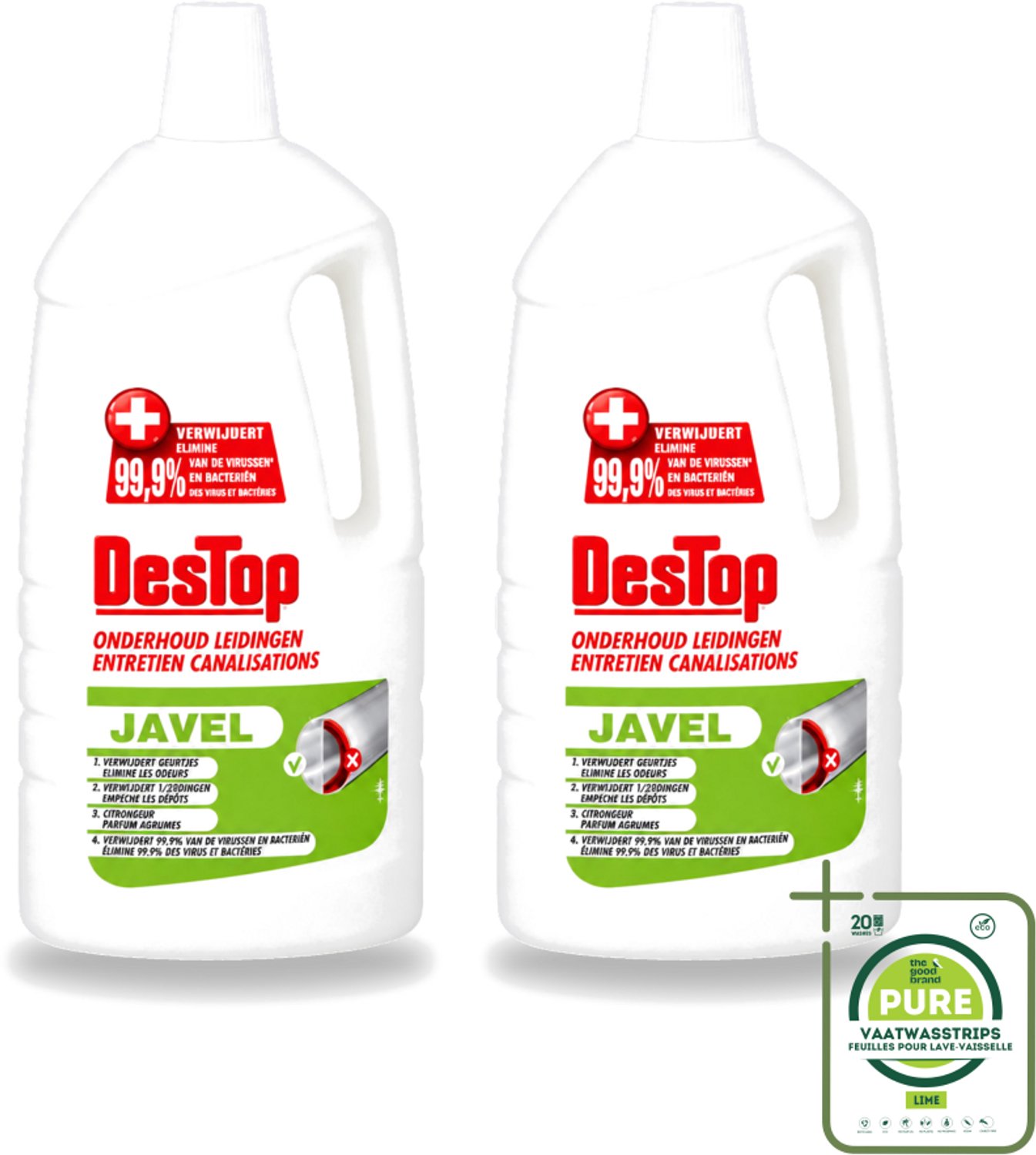 2 x DesTop - Onderhoud Leidingen - Javel - 4-in-1 Werking - Citroengeur - 1,5L - Grootverpakking - Vaatwasstrips - Leidingen Reinigen - Leidingen Onderhouden - Leidingen Schoon Houden - Leidingen Reinigingsmiddel - Citroengeur
