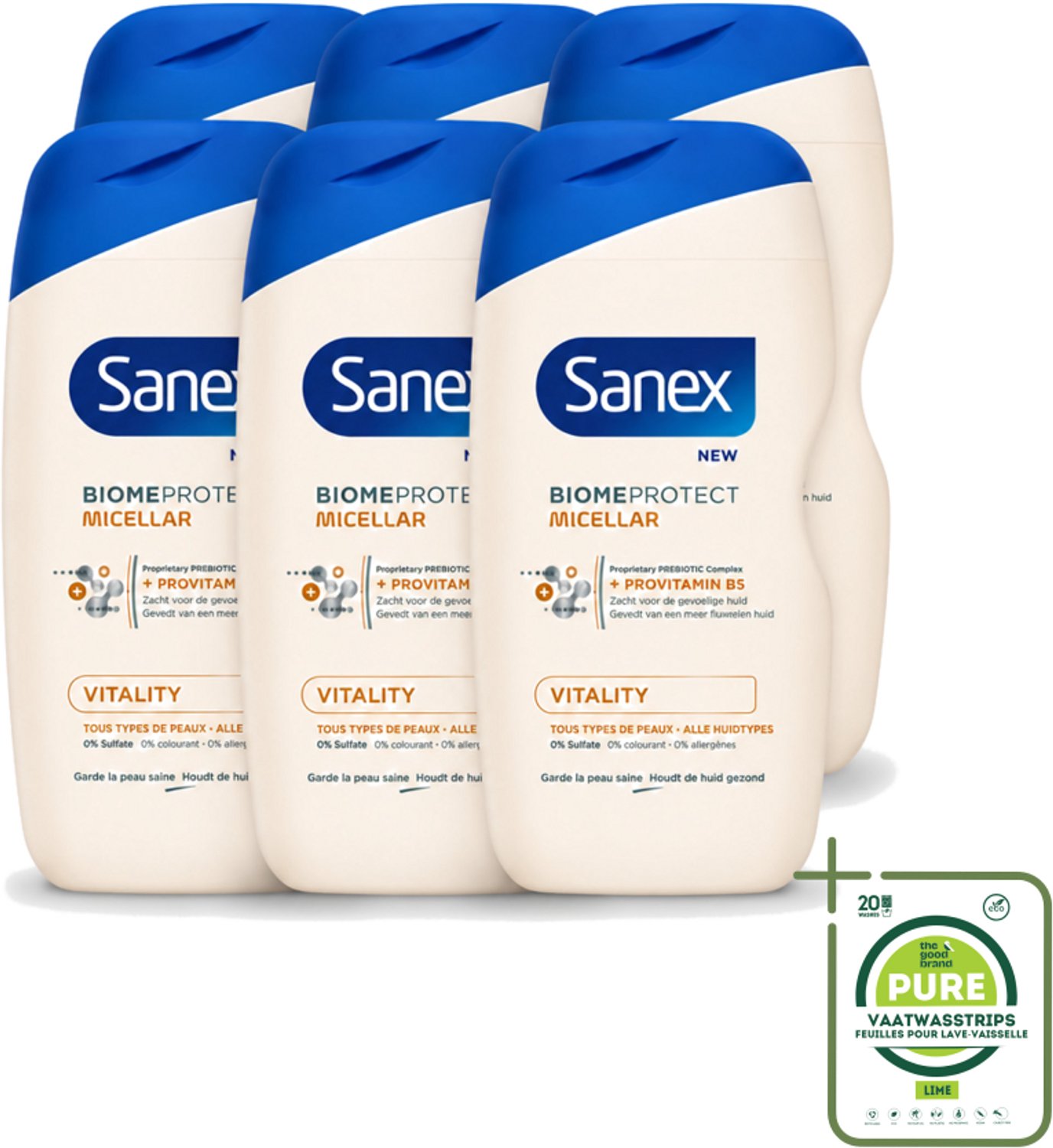 6 x Sanex - BiomeProtect Micellair - Douchegel - Vitaliteit - 0% Sulfaat - Alle Huidtypes - 400 ml - Grootverpakking - Vaatwasstrips - Huid Reinigen - Micellaire Douchegel - 0% Sulfaten - Huidbarrière - Huid Vitaliteit