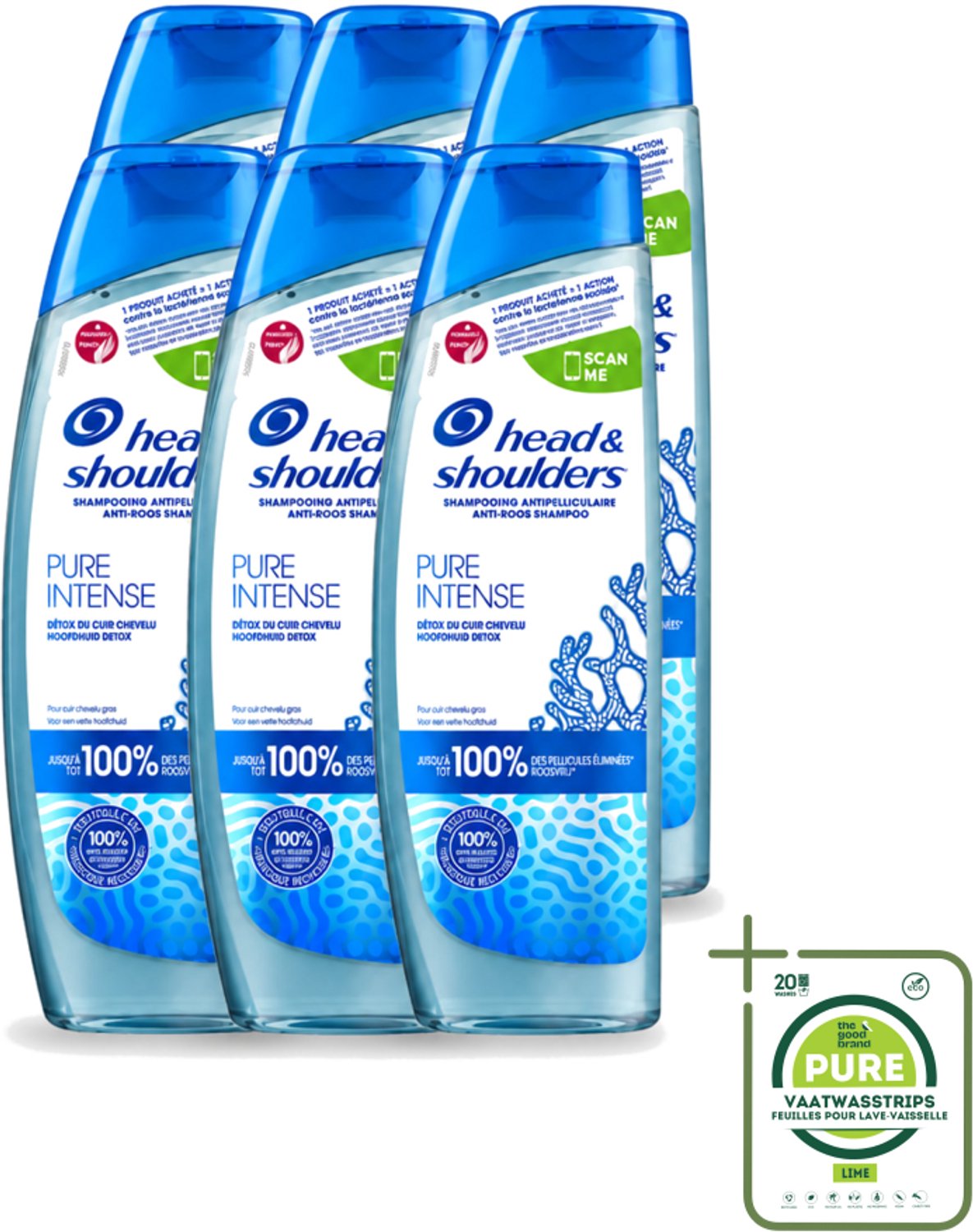 6 x Head & Shoulders - Anti-Roos Shampoo - Pure Intense - Hoofdhuid Detox - 250 ml - Grootverpakking - Vaatwasstrips - Hoofdhuid Detox - Roosbestrijding - Hoofdhuid Reinigen - Schone Hoofdhuid - Haar Gezond