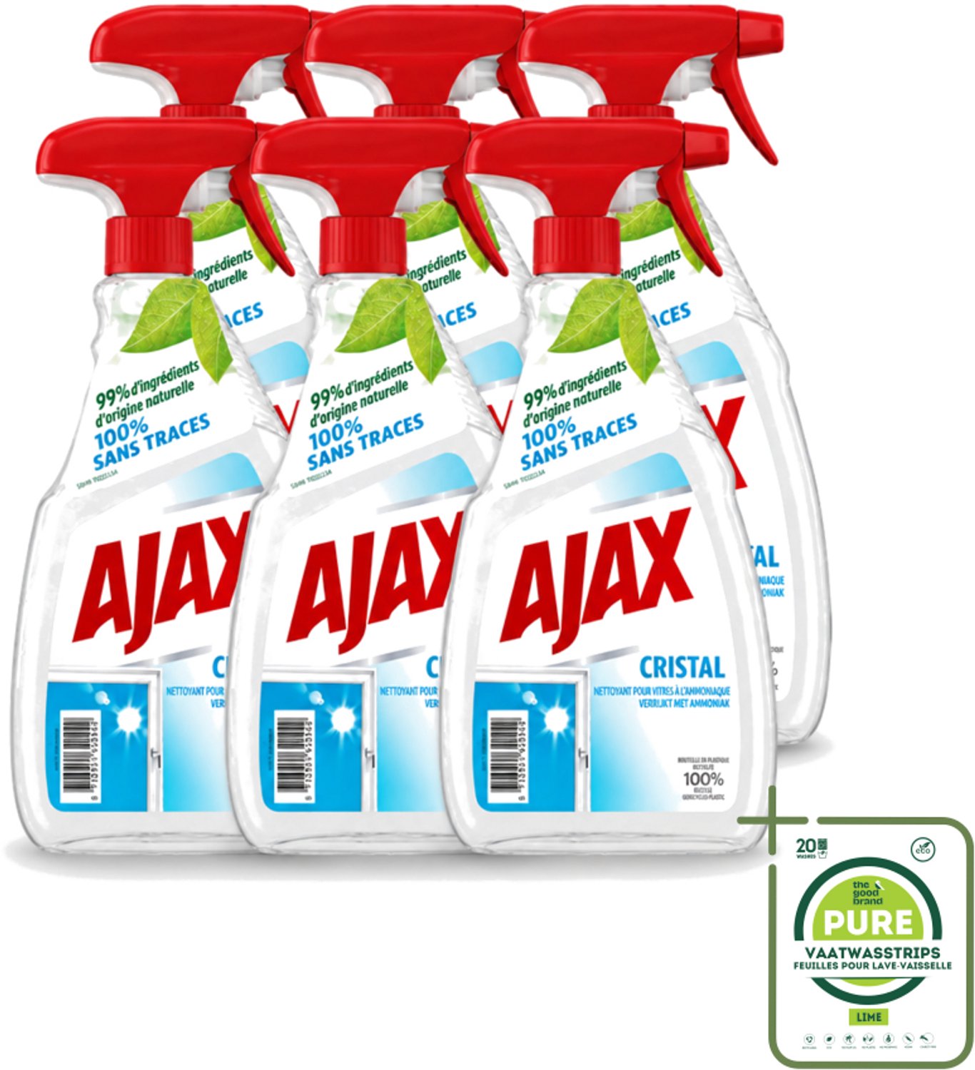 6 x Ajax - Ruitenreiniger - Cristal - Spray Met Ammoniak - 750 ml - Grootverpakking - Vaatwasstrips - Ruitenreiniger - Ammoniak - Streeploos - Ruiten Reinigen - Glans