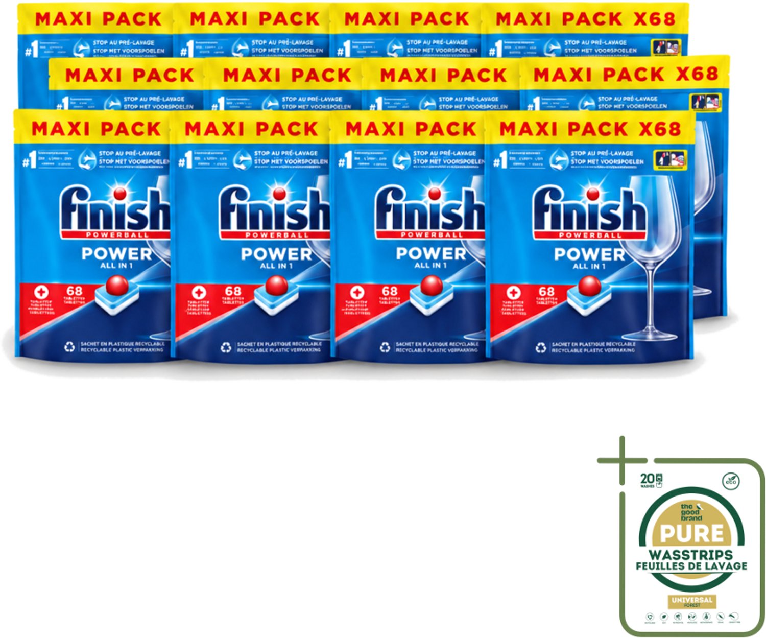12 x Finish Powerball - Power All in 1 - Vaatwastabletten - Reiniging & Glans - 68 Tabletten - Wasstrips - Vaatwastabletten - Vaatwasmiddel - Reiniging - Vaatwasser - Anti-kalk