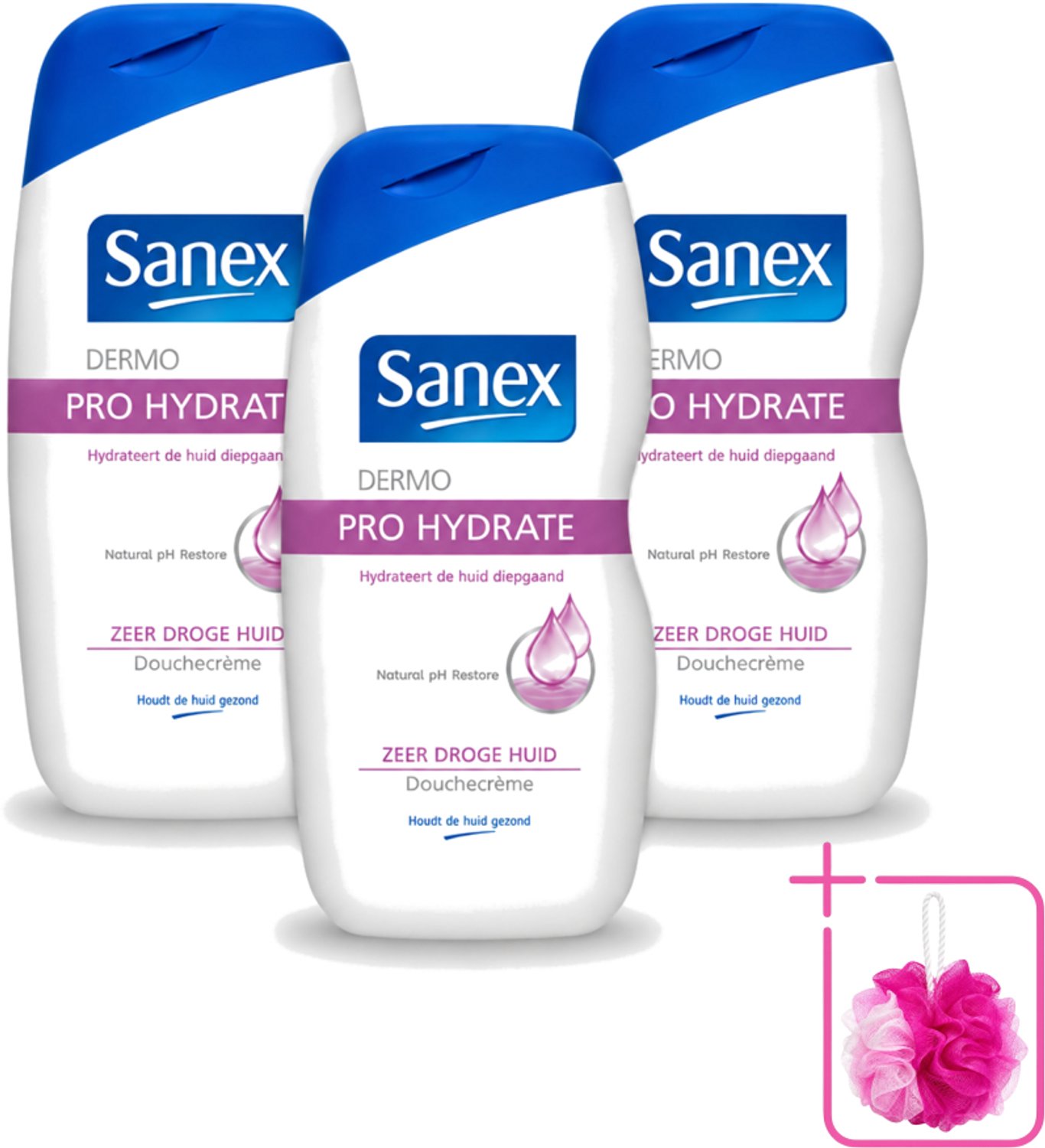 3 x Sanex Dermo - Pro Hydraterend - Douchecrème - Zeer Droge Huid - 500 ml - Bulkverpakking - Hydratatie huid - Douchemop - Droge huid