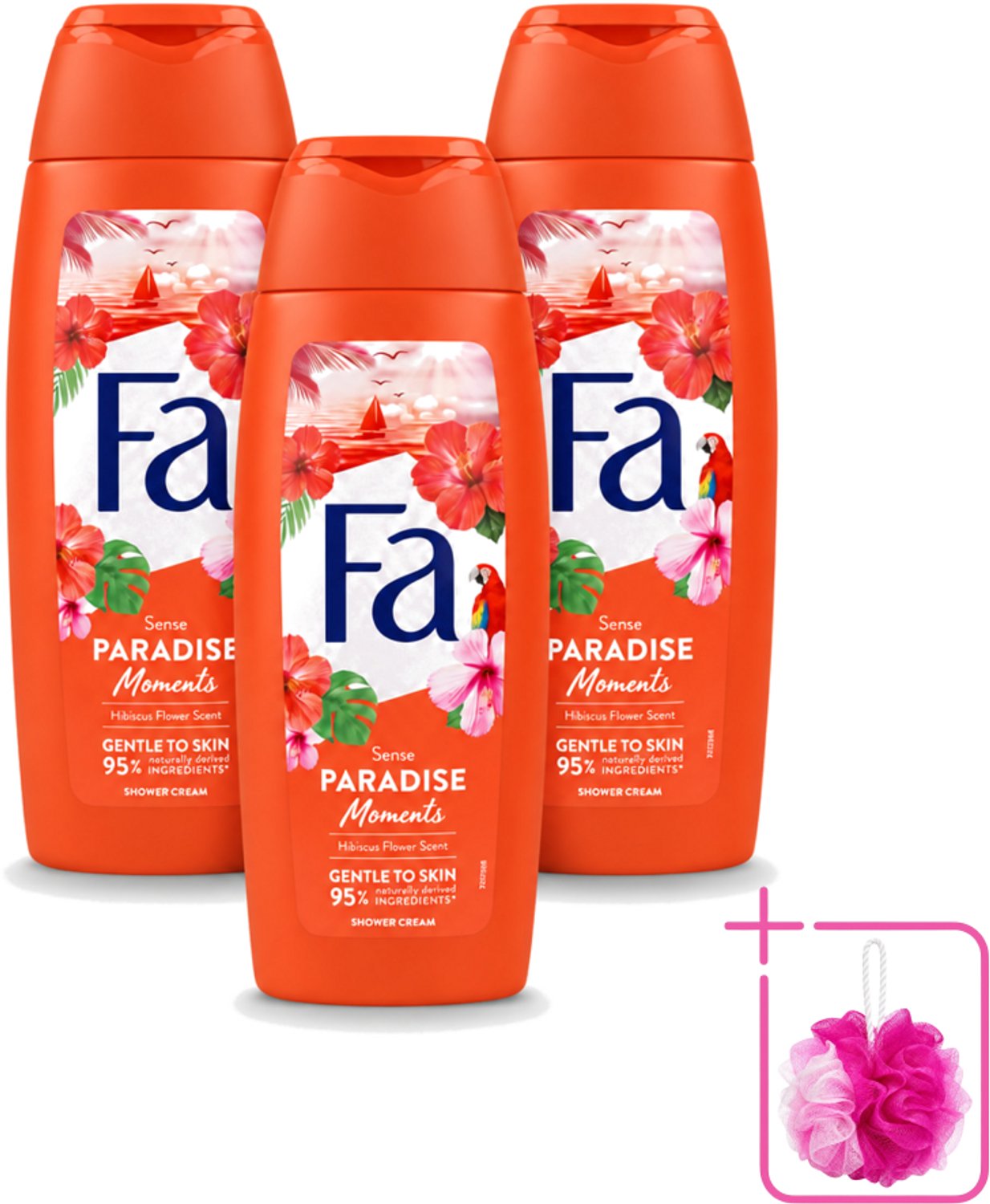 3 x Fa - Paradise Moments - Douchecrème - Hibiscusbloem - 250 ml - Bulkverpakking - Douchecrème hibiscusbloem - Douchemop - Vegan douchecrème