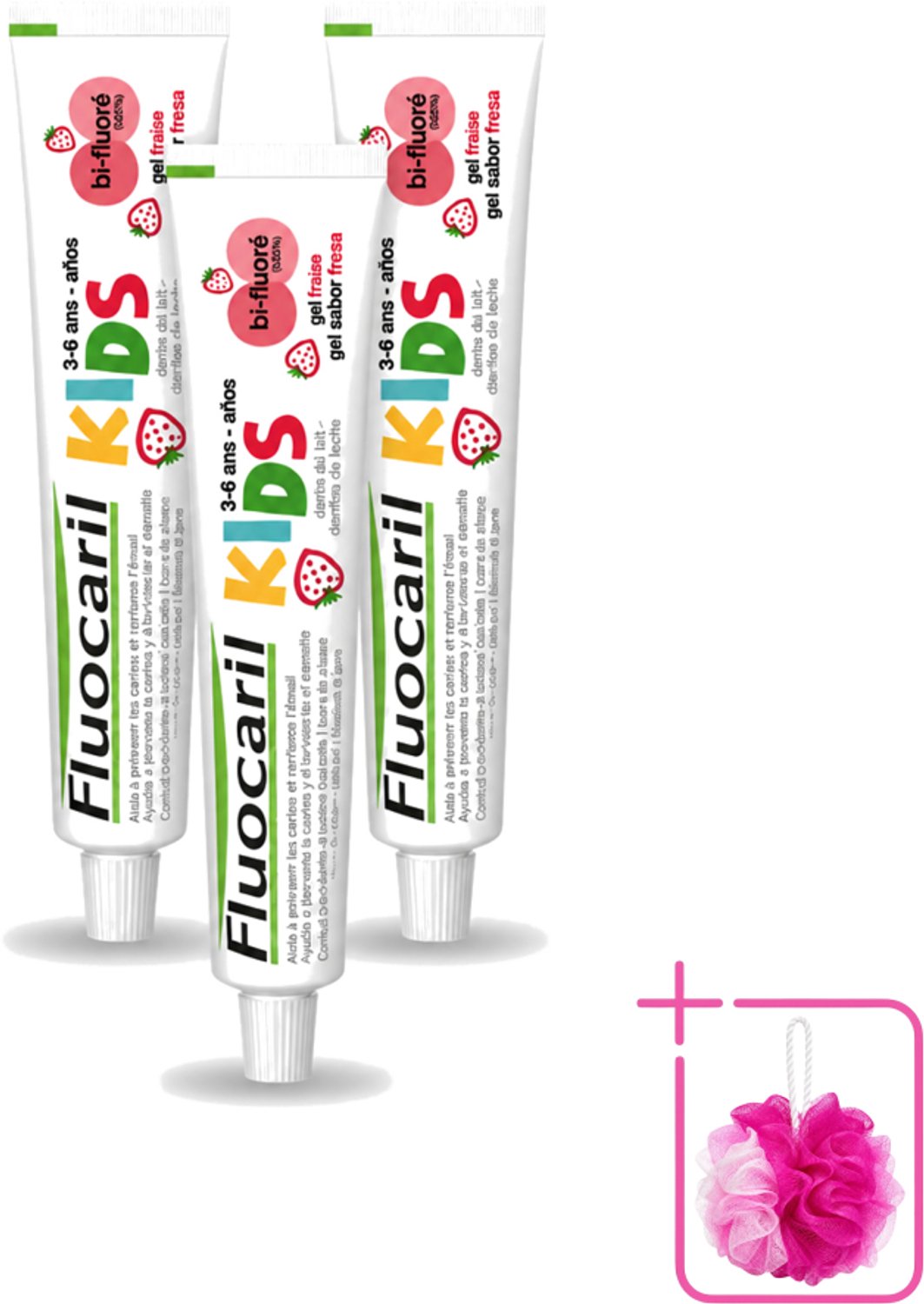 3 x Fluocaril Kids - Bi-Fluoride - Tandpasta - Met Aardbeiensmaak - 3 tot 6 jaar - 50 ml - Bulkverpakking - Tandpasta voor kinderen - Douchemop - Melktanden beschermen
