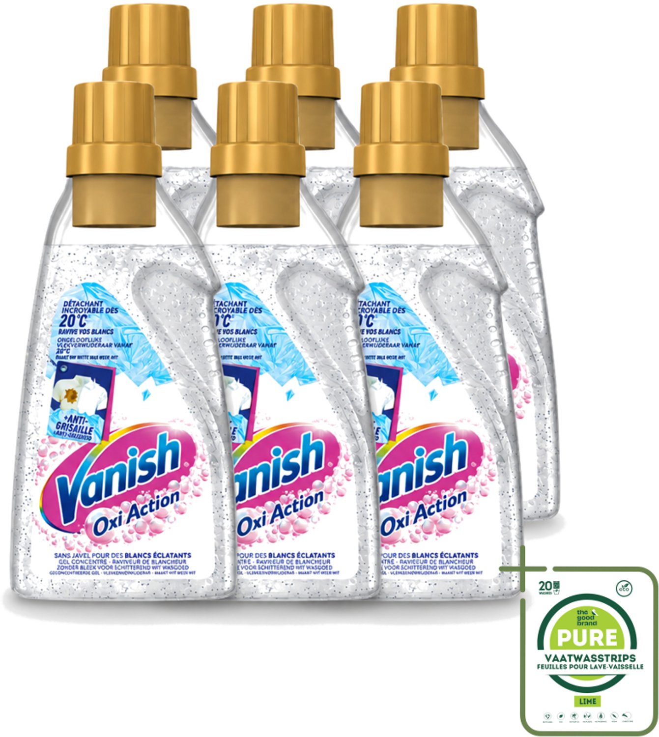 6 x Vanish Oxi Action - Vlekkenverwijderaar Gel - Zonder Bleek - Witte Was - 15 Wasbeurten - Grootverpakking - Vaatwasstrips - Wit Was - Vlekkenverwijderaar - Bleekvrije Was - Witte Was - Wasbeurt