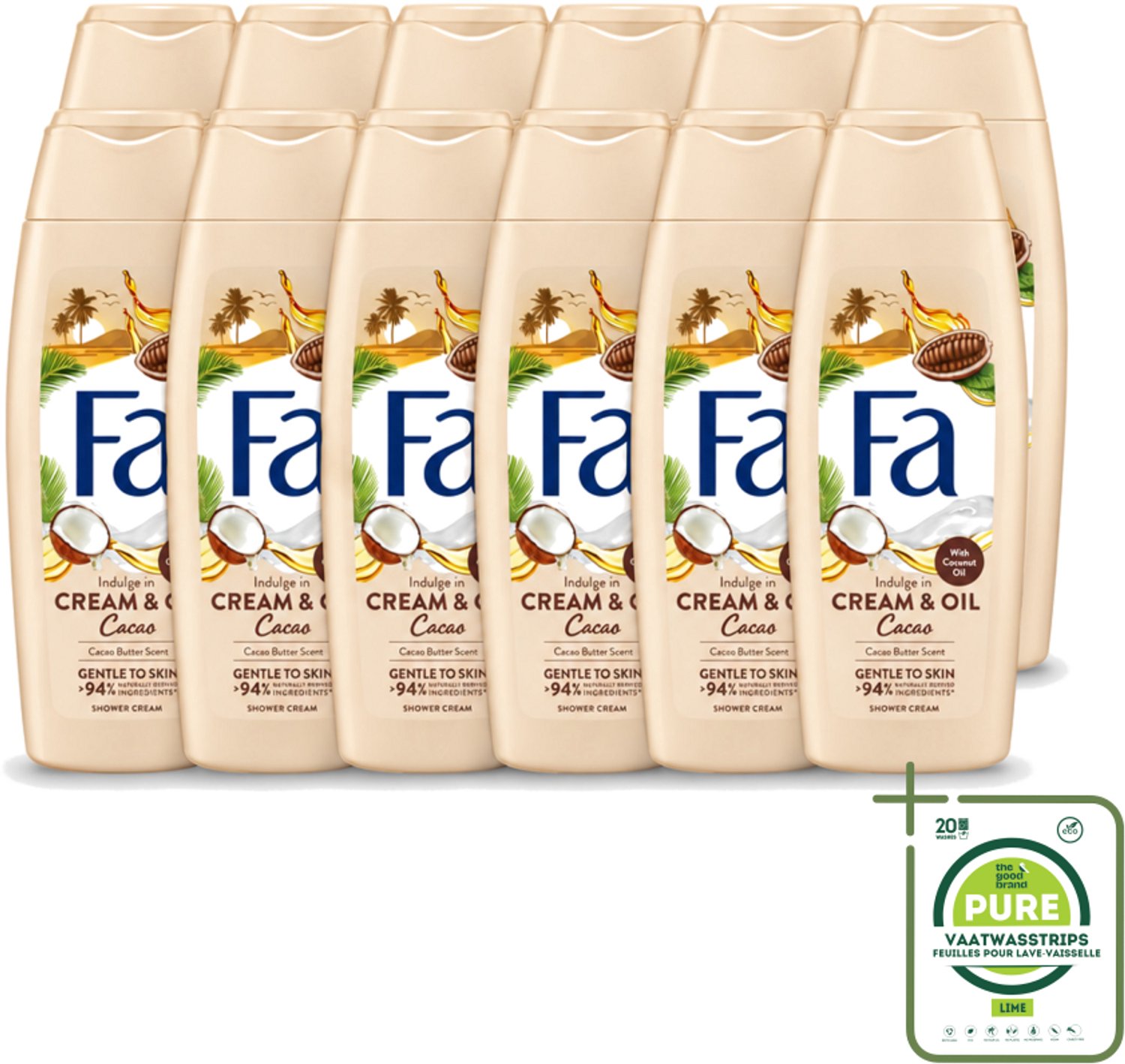 12 x Fa - Cream & Oil Cacao - Douchecrème - Cacaoboter Met Kokosolie - 250 ml - Grootverpakking - Vaatwasstrips - Douchecrème - Cacaoboter - Kokosolie - Huid Verzorging - Hydratatie