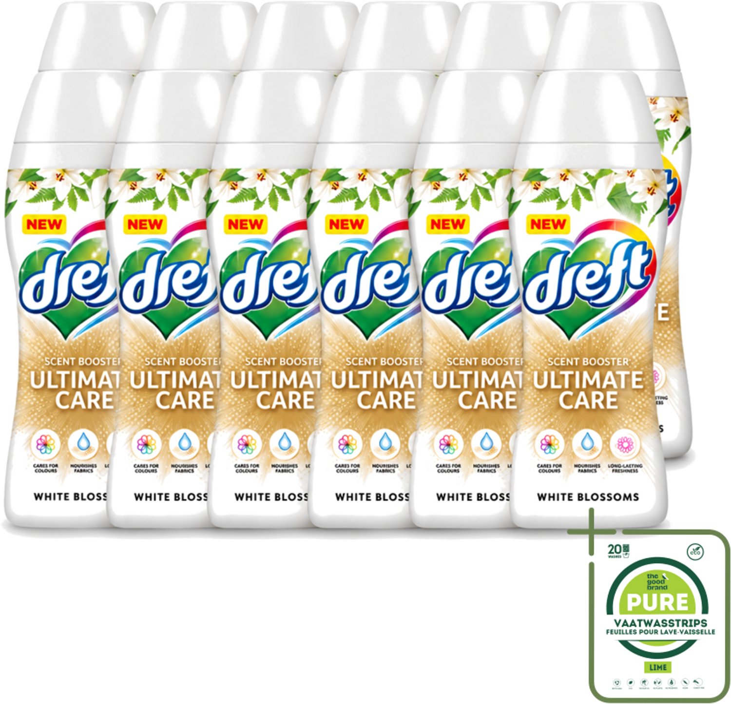 12 x Dreft - Ultimate Care - Wasverzachter - Geurbooster - Gekleurde Was - Witte Bloem - 15 Wasbeurten - Grootverpakking - Vaatwasstrips - Wasmiddel - Geurbooster - Kleurbescherming - Wasverzachter - Vezelverzorging