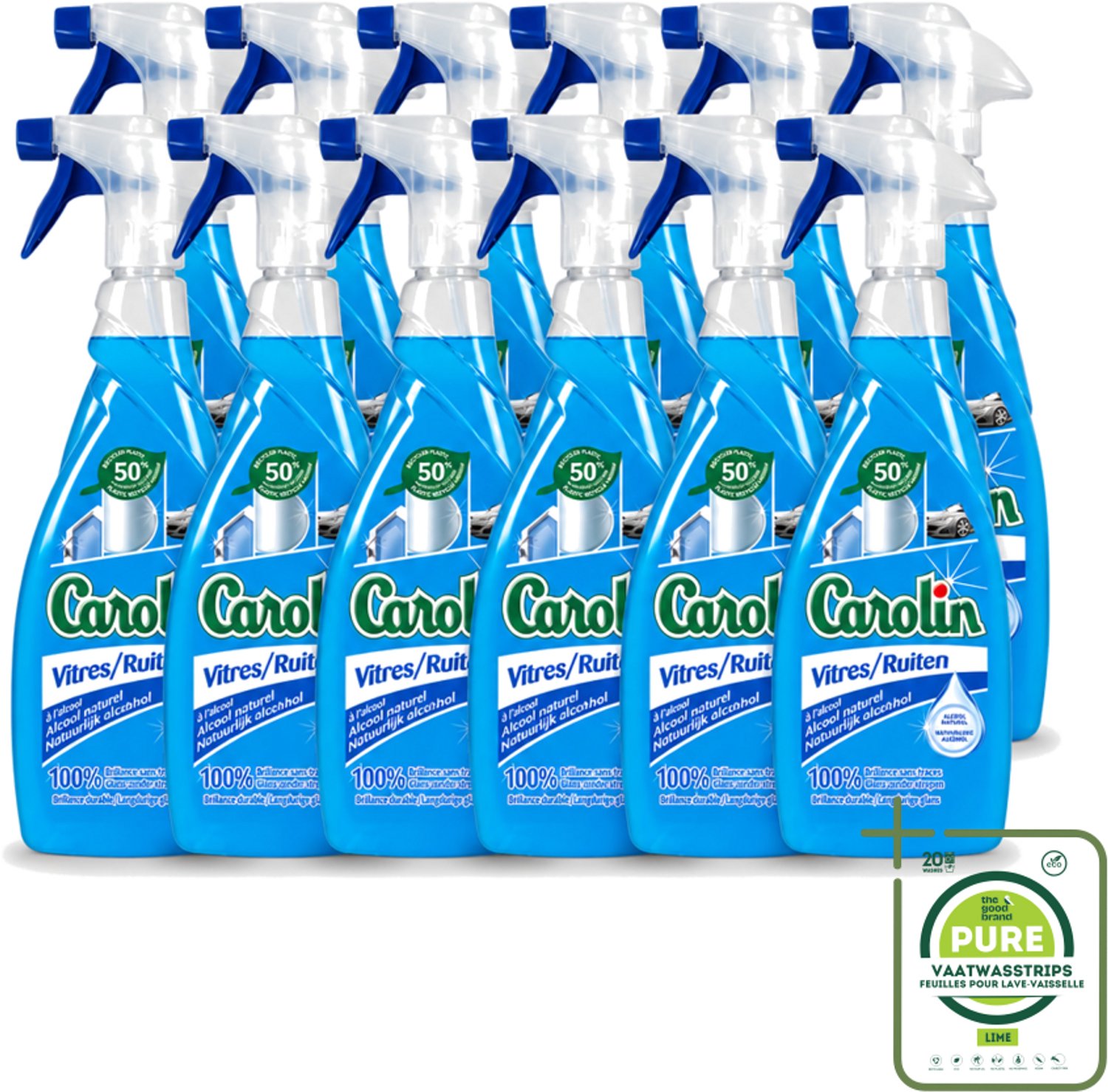 12 x Carolin - Glas- en Ruitenreiniger - Met Natuurlijke Alcohol - 650 ml - Grootverpakking - Vaatwasstrips - Glas Reiniger - Ruiten Reiniger - Natuurlijke Alcohol - Schone Ramen - Streeploze Glans