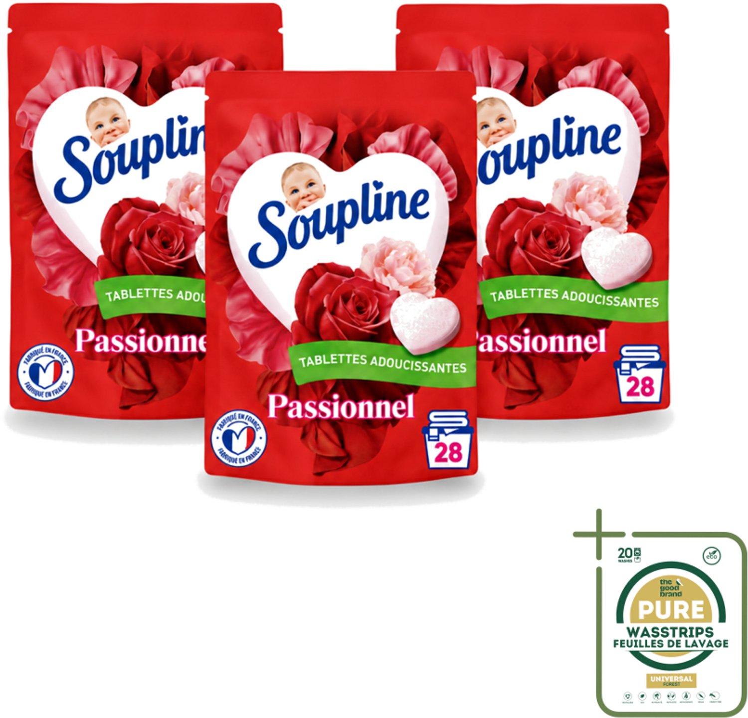 3 x Soupline – Wasverzachtertabletten – Harten Straling van Passiebloemboeket - 28 tabletten - Wasstrips - Wasverzachter Tablet - Wasverzachter In Tabletvorm - Rozengeur Wasverzachter - Verzachte Wasverzachter - Wasverzachter Voor Kleding