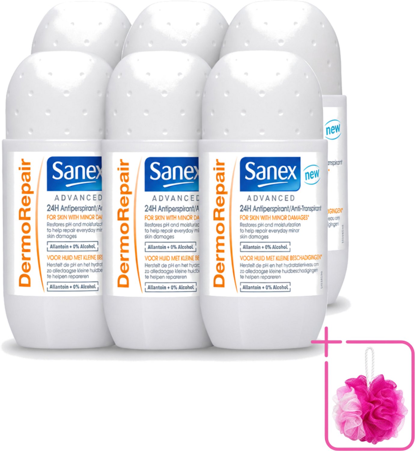 6 x Sanex Advanced - Dermo Repair - Deodorant Roller - 24h Anti-Transpirant - 0% Alcohol - 50 ml - Bulkverpakking - 24h anti-transpirant - Douchemop - Huidherstel