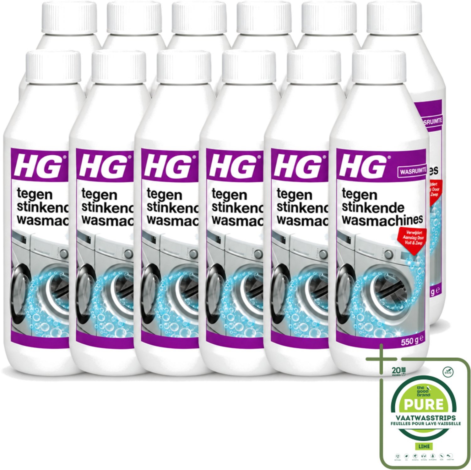 12 x HG - Tegen Stinkende Was - Verwijdert Aanslag Door Vuil & Zeep - 550 g - Grootverpakking - Vaatwasstrips - Wasmachine Reiniger - Stinkende Wasmachine - Wasmachine Aanslag - Wasmachine Vuil - Wasmachine Geur