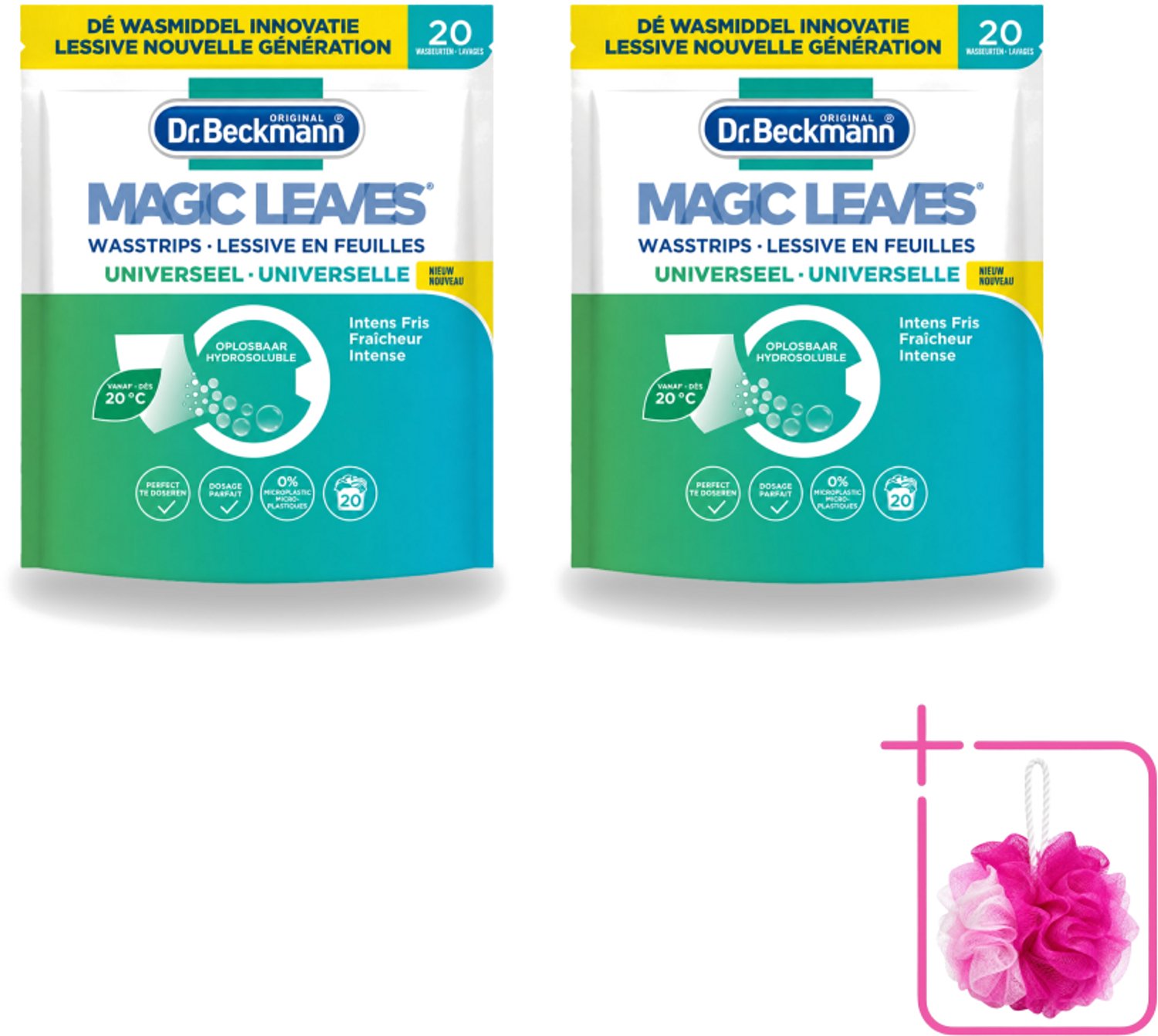 2 x Dr. Beckmann - Magic Leaves Universeel - Wasstrips - Witte en Gekleurde Was - 20 Wasbeurten - Bulkverpakking - Wasstrips - Douchemop - Wasstrips wit