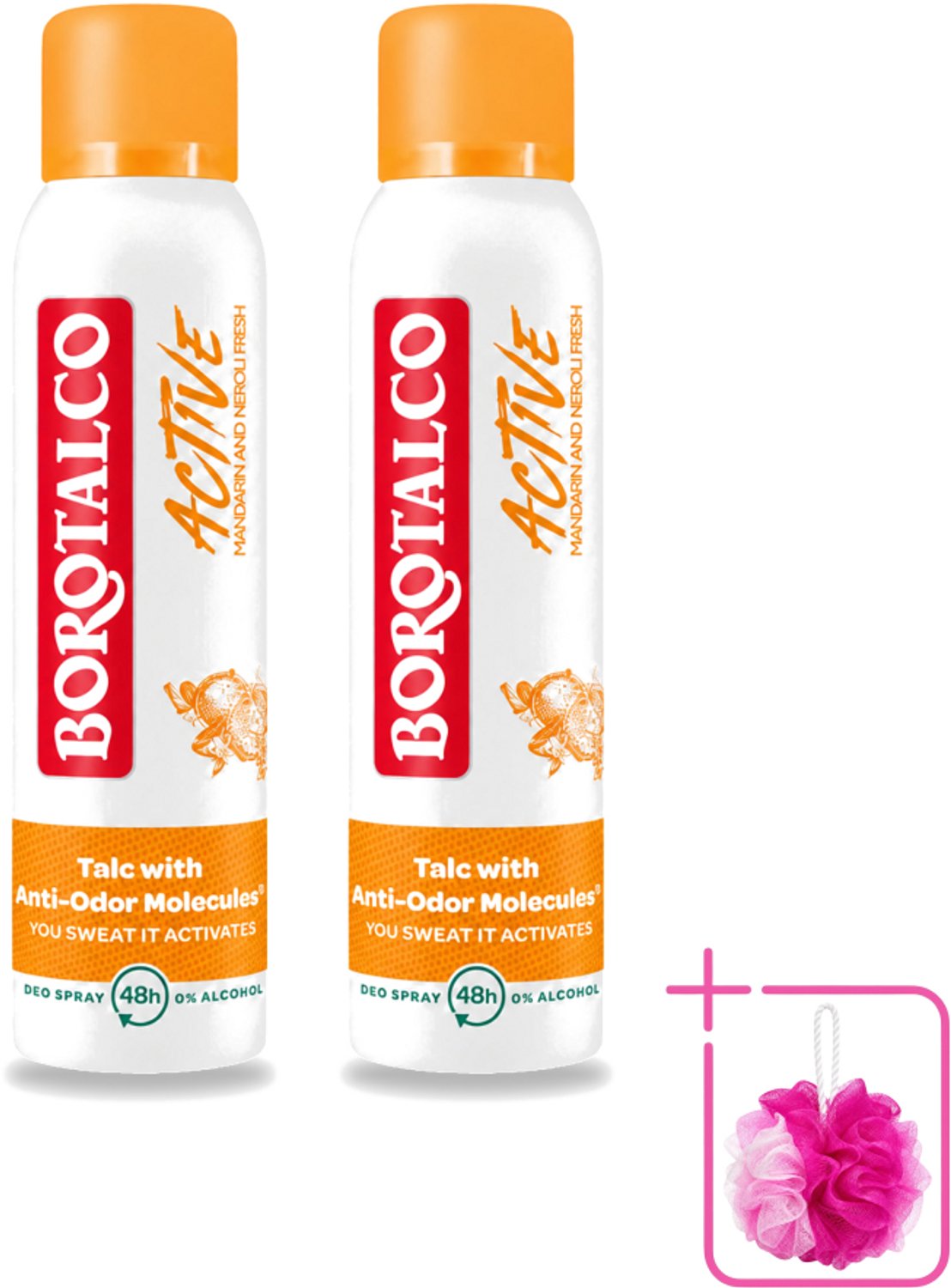 2 x Borotalco - Deodorant Spray - Active - Mandarin & Neroli Fresh - 0% Alcohol - 150 ml - Bulkverpakking - Deodorant Spray - Douchemop - Mandarijn en Neroli