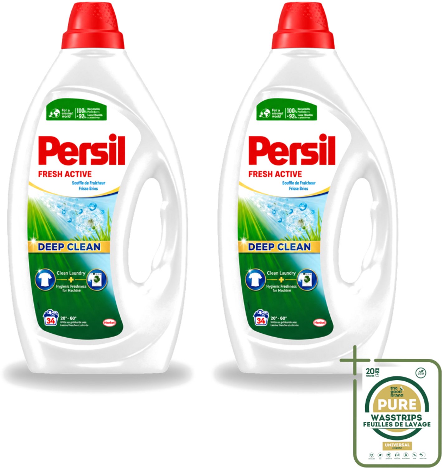 2 x Persil Fresh Active - Vloeibaar Wasmiddel - Witte en Gekleurde Was - Frisse Bries - 34 Wasbeurten - Wasstrips - Wasmiddel - Frisse Bries - Diepe Reiniging - Wasmachine Reinigen - Vuilresten Verwijderen