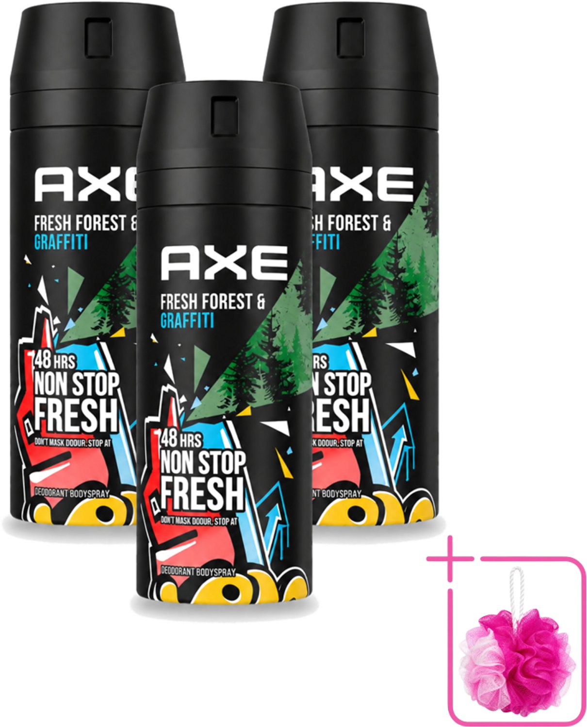 3 x Axe - Deodorant Bodyspray - 48hrs Fresh - Fresh Forest & Graffiti - 150 ml - Bulkverpakking - 48 uur bescherming - Douchemop - Deodorant sprayer